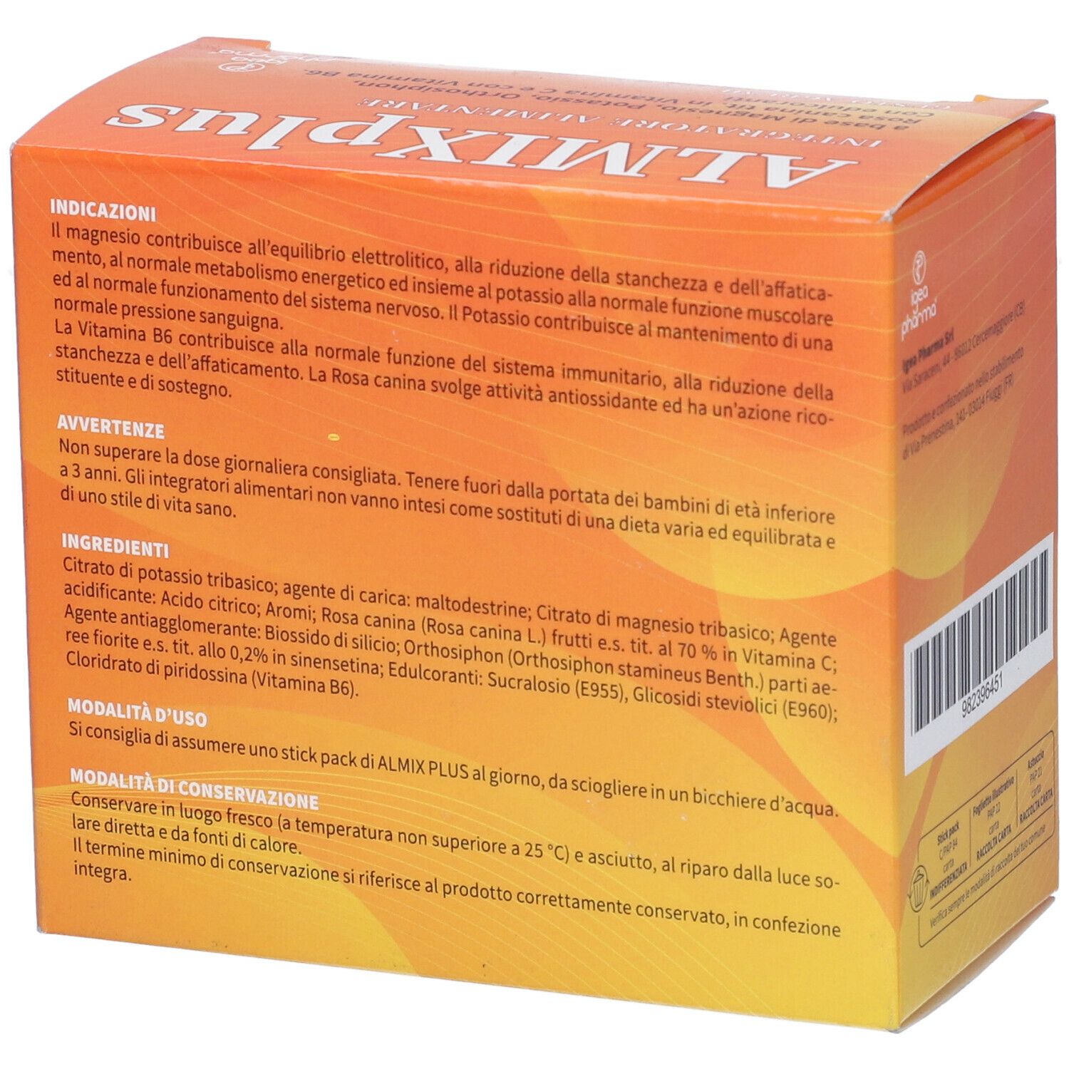 Retro della scatola con ingredienti e istruzioni per l'uso. Marca: Almix Plus.