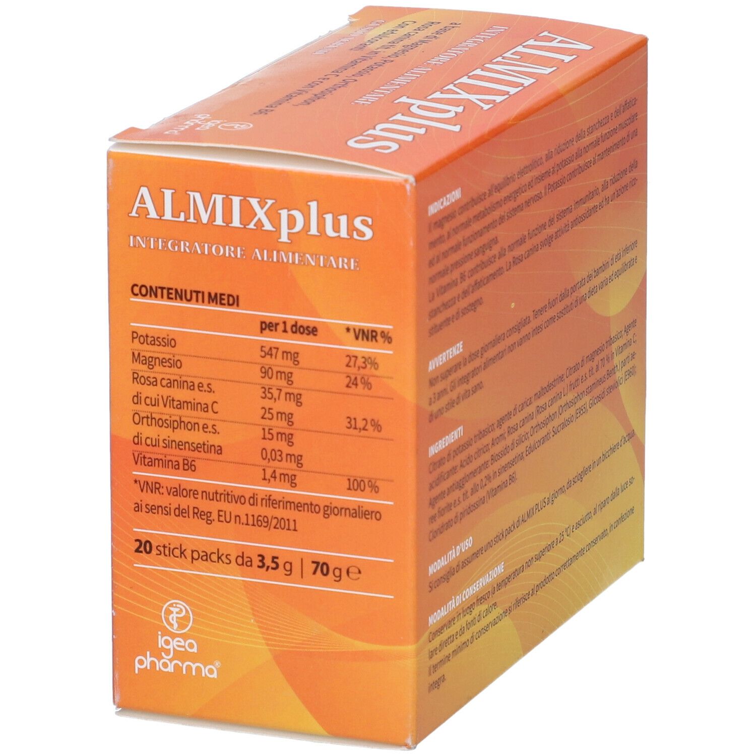Lato della scatola con informazioni nutrizionali. Marca: Almix Plus.