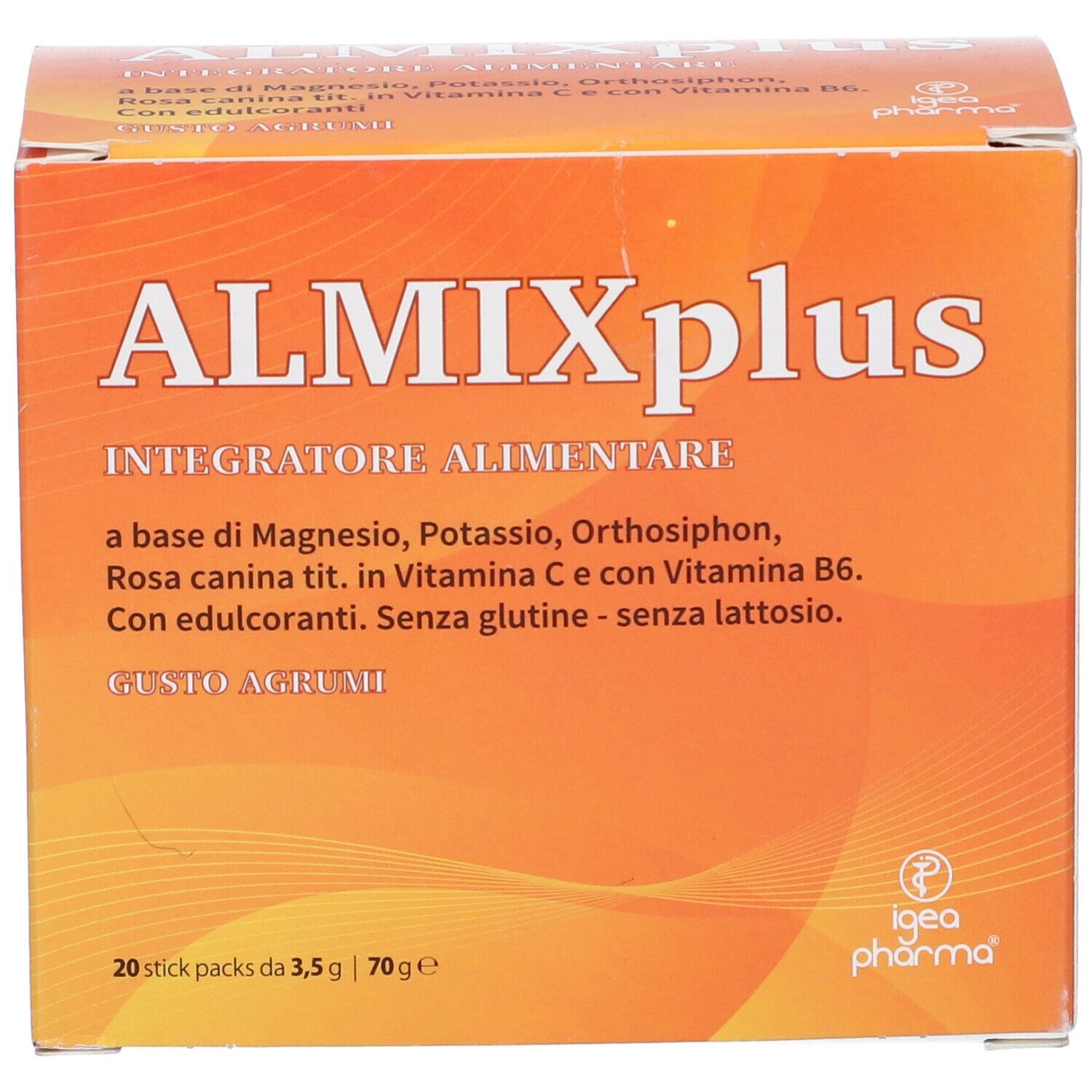 Scatola arancione con nome del prodotto e ingredienti. 20 stick pack. Marca: Almix Plus.