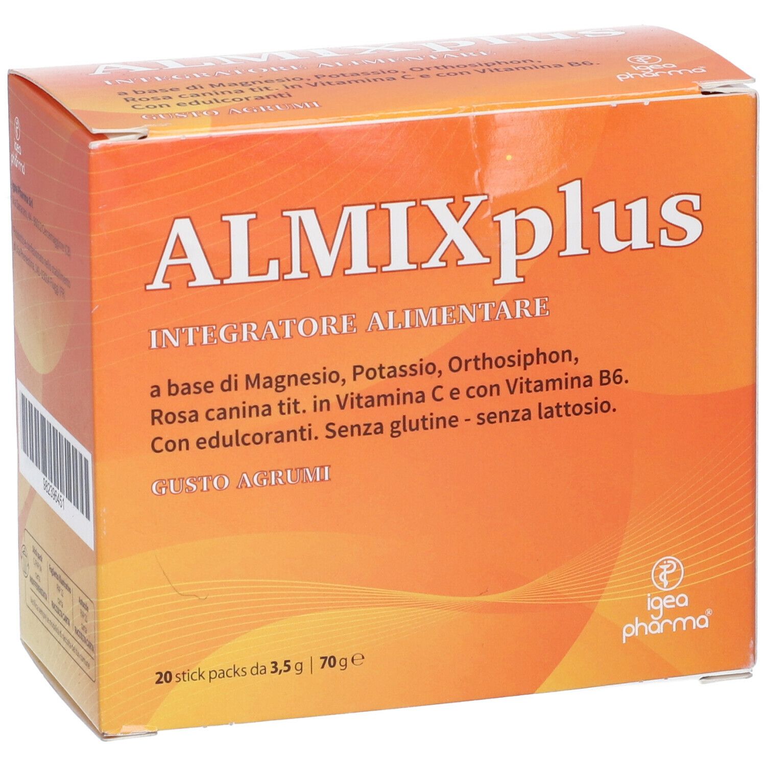 Scatola arancione con nome del prodotto e ingredienti. 20 stick pack. Marca: Almix Plus.