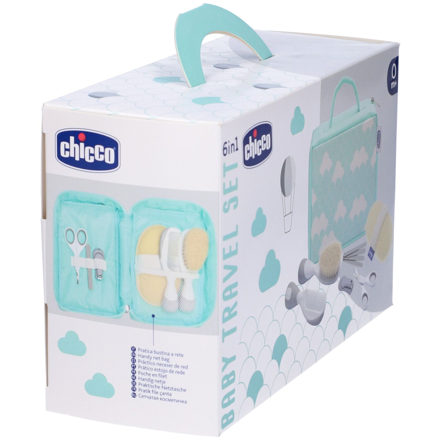 Set viaggio per neonati in confezione. Include borsa, spazzola, pettine, forbici, tagliaunghie e spugna. Marchio: Chicco.