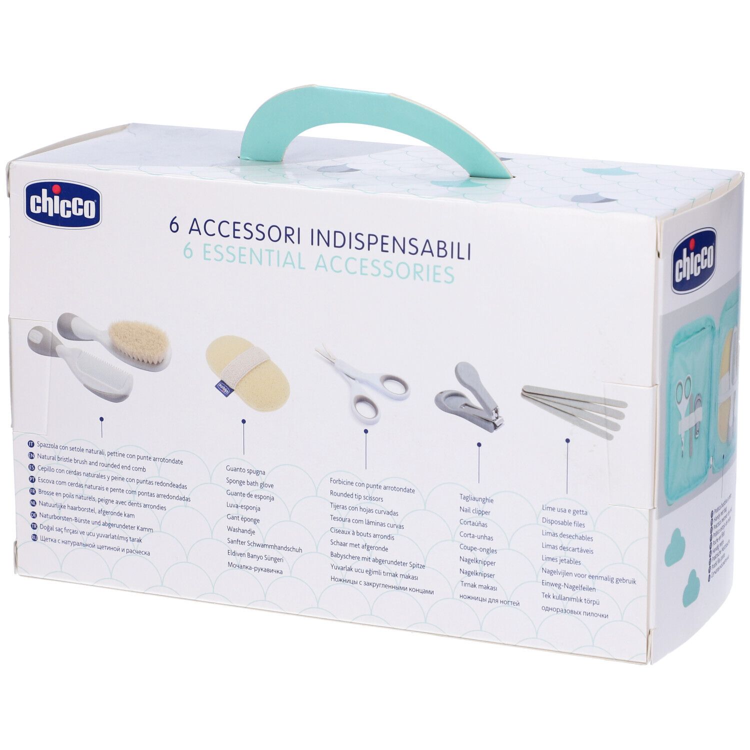 Confezione del set viaggio per neonati. Include borsa, spazzola, pettine, forbici, tagliaunghie e spugna. Marchio: Chicco.