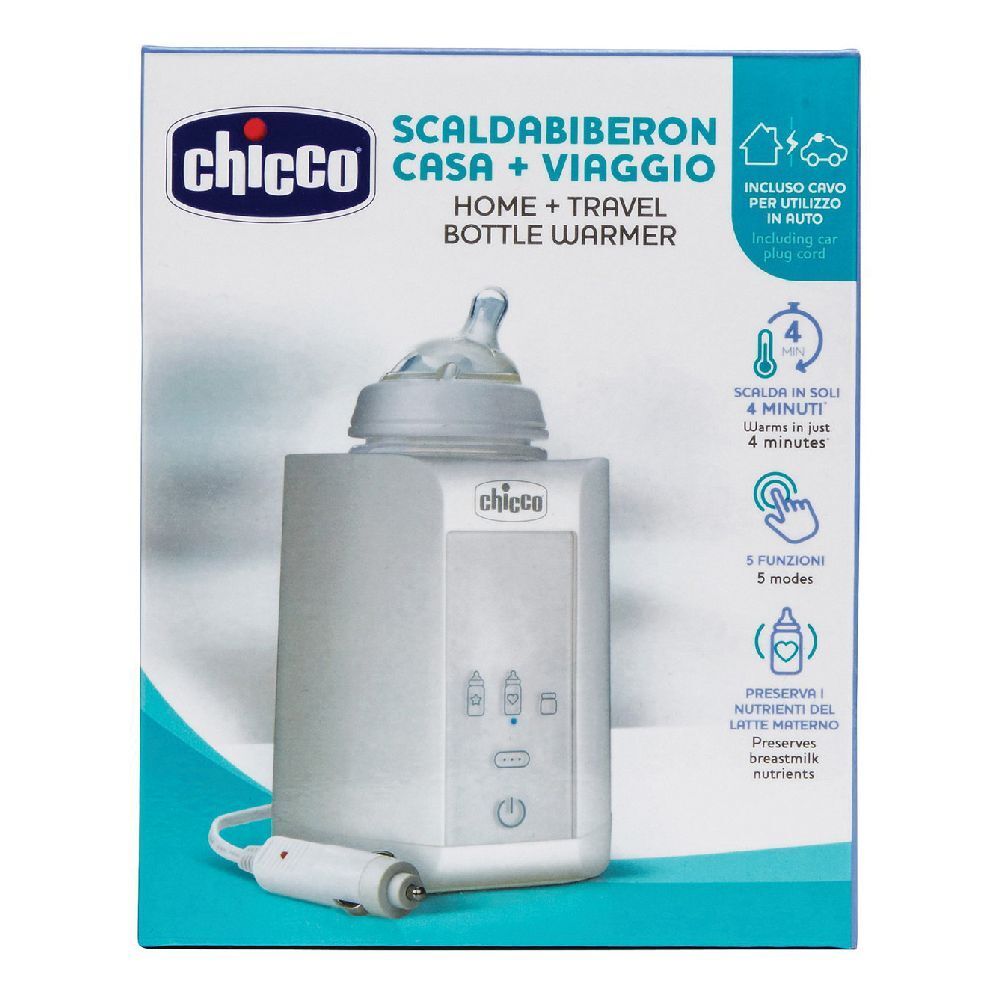 Scaldabiberon Chicco. Dispositivo bianco con biberon, adattatore auto. Confezione con nome prodotto e funzioni.