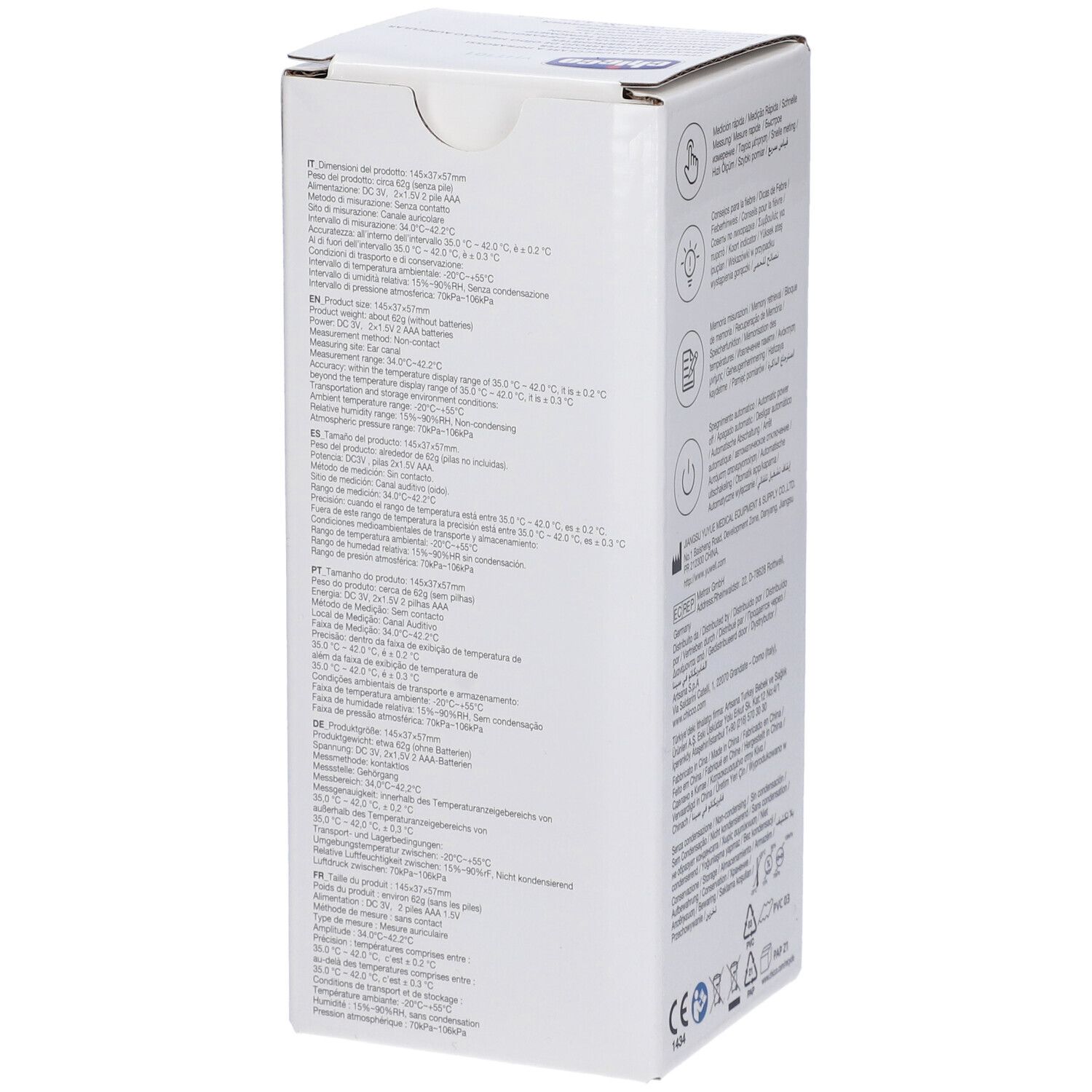 Lato della confezione del termometro auricolare Chicco. Testo multilingue. Specifiche e informazioni sul prodotto.