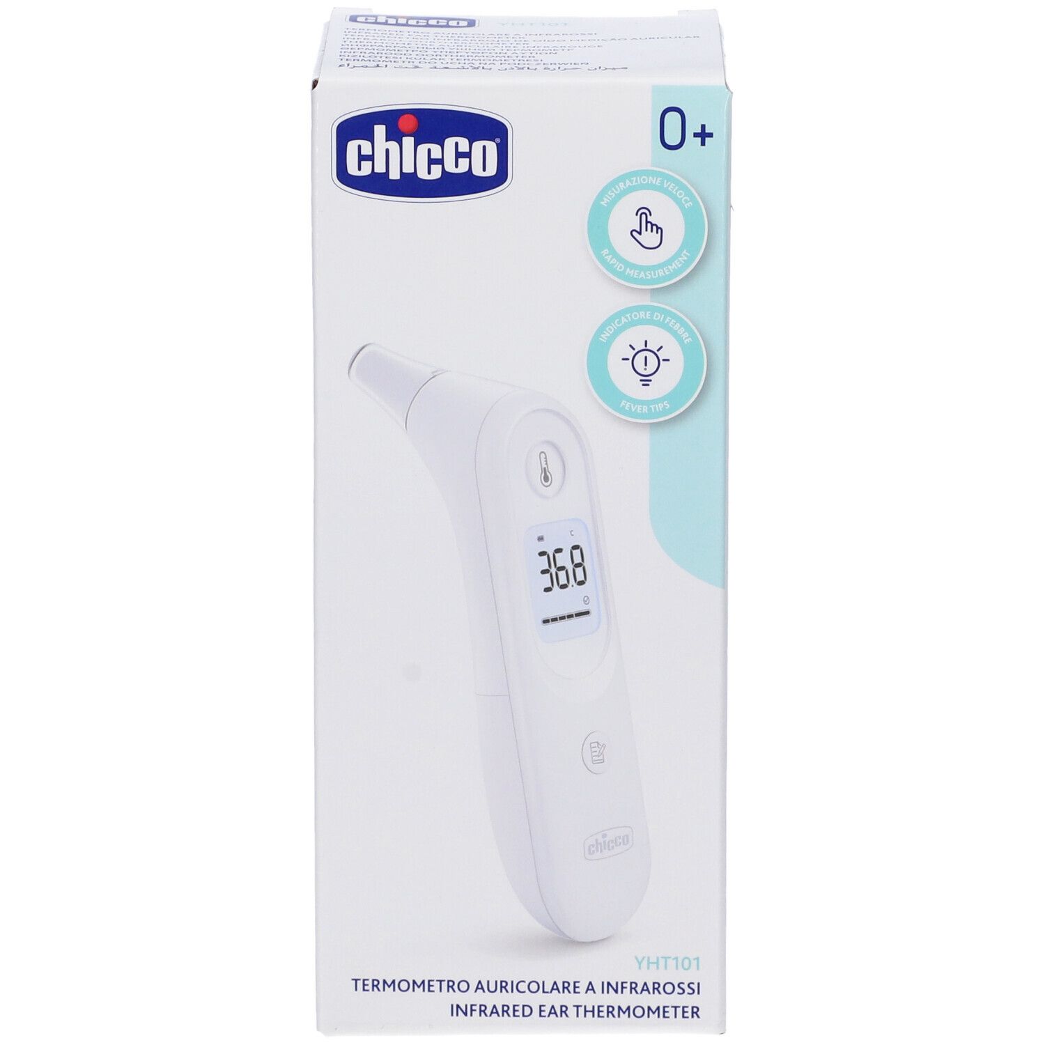 Fronte della confezione del termometro auricolare Chicco. Scatola bianca con immagine del prodotto e logo. Visualizzazione della temperatura 36,8.