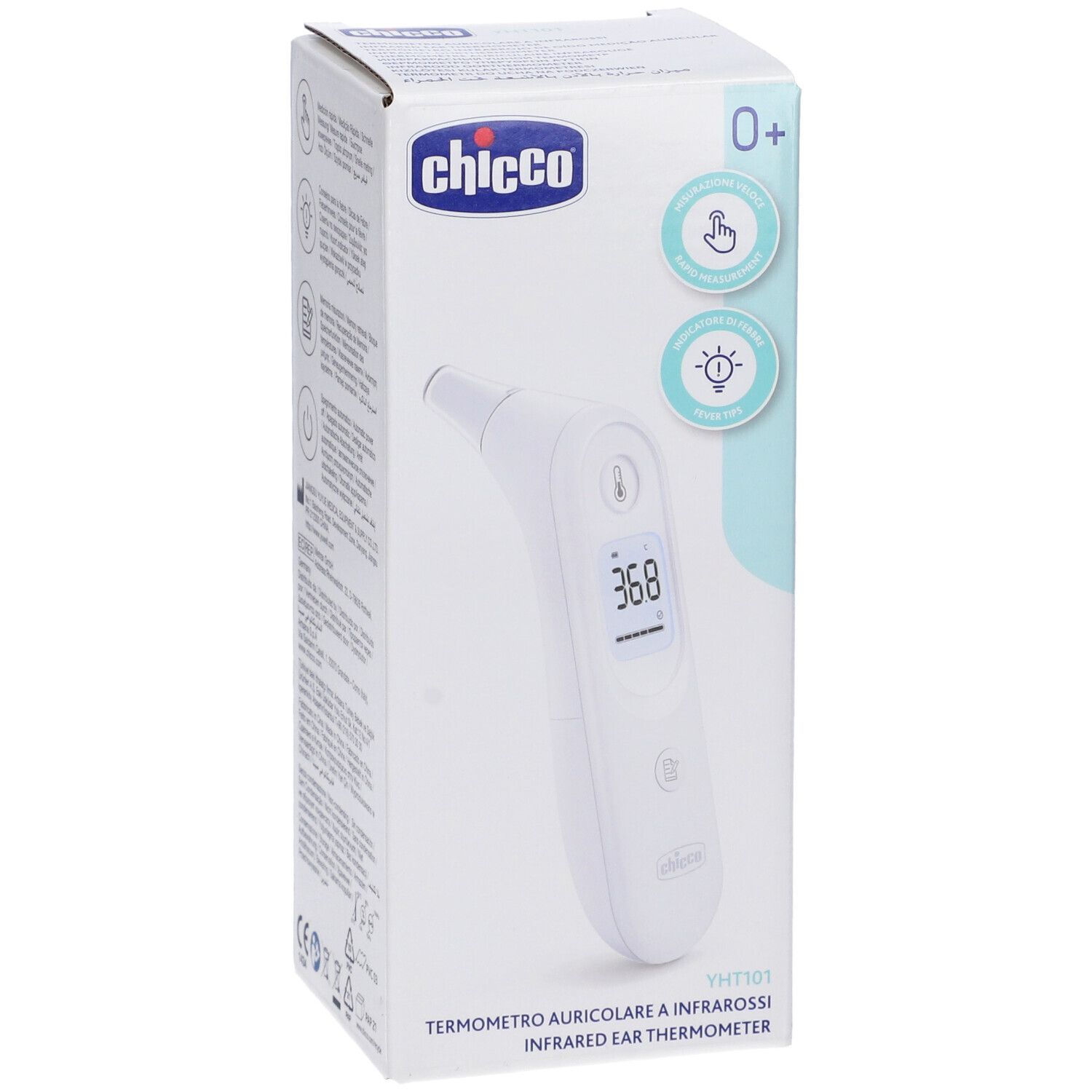 Fronte della confezione del termometro auricolare Chicco. Scatola bianca con immagine del prodotto e logo. Visualizzazione della temperatura 36,8.