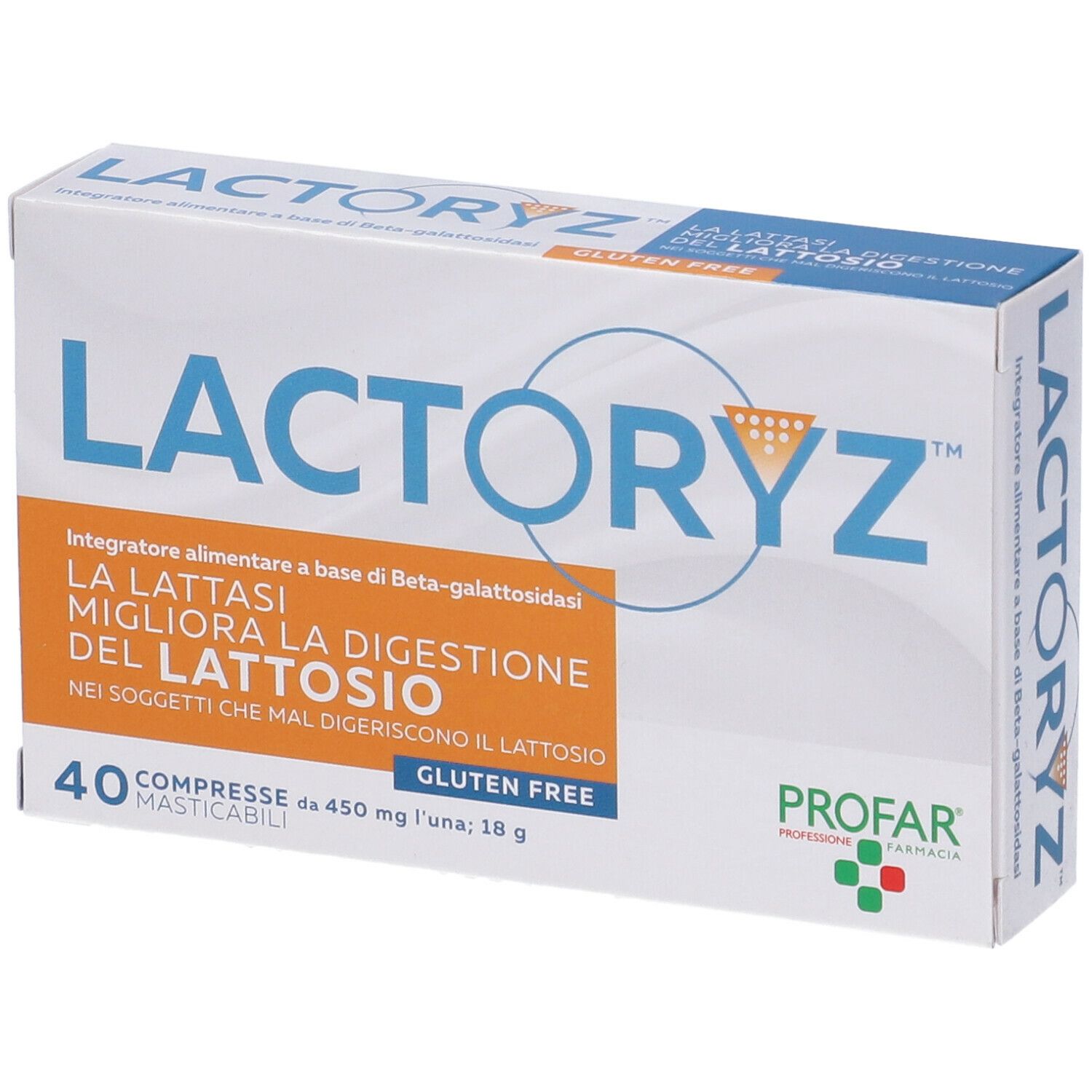 Scatola di compresse "LACTORYZ". Testo: "Migliora la digestione del lattosio". 40 compresse. Senza glutine. Marchio PROFAR.