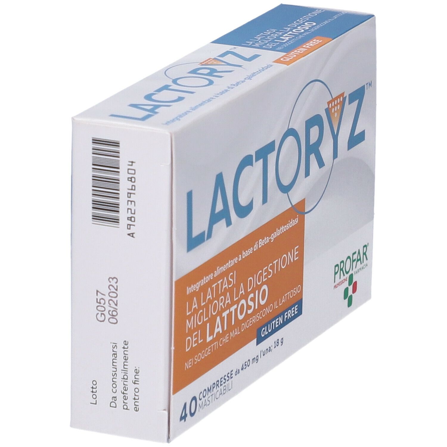 Scatola di compresse "LACTORYZ". Testo: "Migliora la digestione del lattosio". 40 compresse. Senza glutine. Marchio PROFAR. Vista laterale.