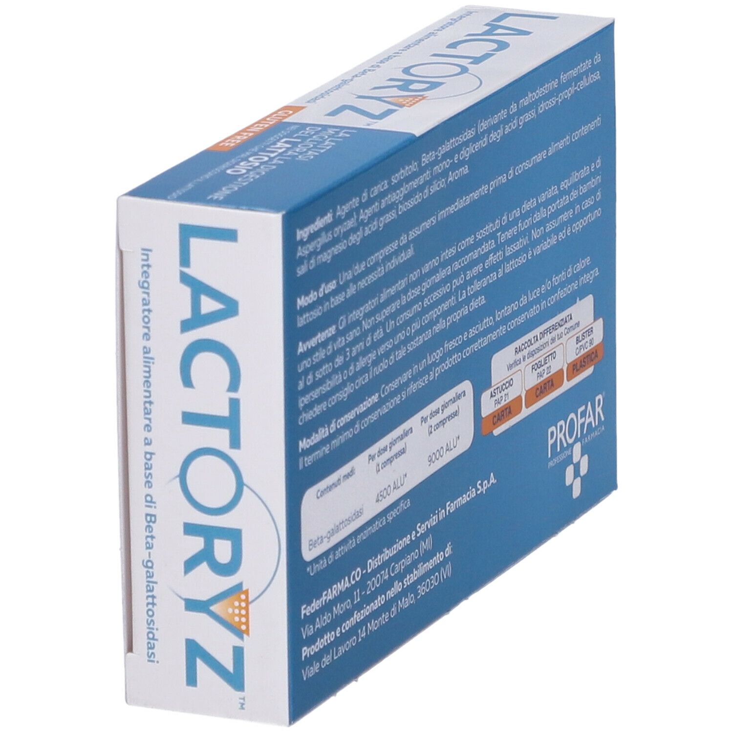 Vista laterale della scatola di compresse "LACTORYZ". Elenco ingredienti, istruzioni per l'uso, avvertenze. Marchio PROFAR.