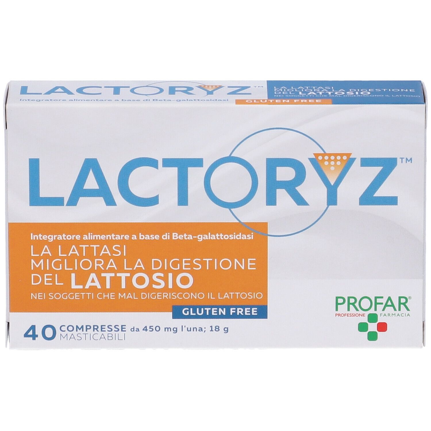 Scatola di compresse "LACTORYZ". Testo: "Migliora la digestione del lattosio". 40 compresse. Senza glutine. Marchio PROFAR.