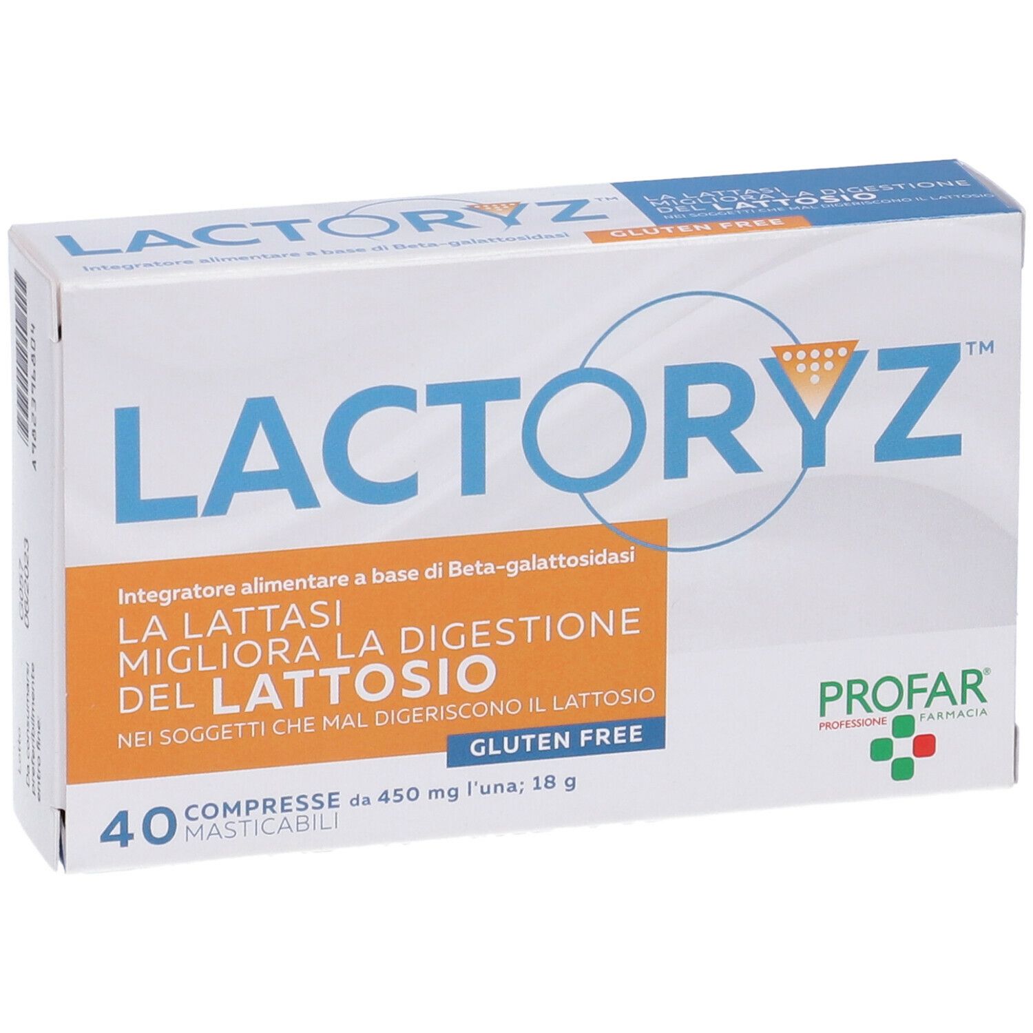 Scatola di compresse "LACTORYZ". Testo: "Migliora la digestione del lattosio". 40 compresse. Senza glutine. Marchio PROFAR.