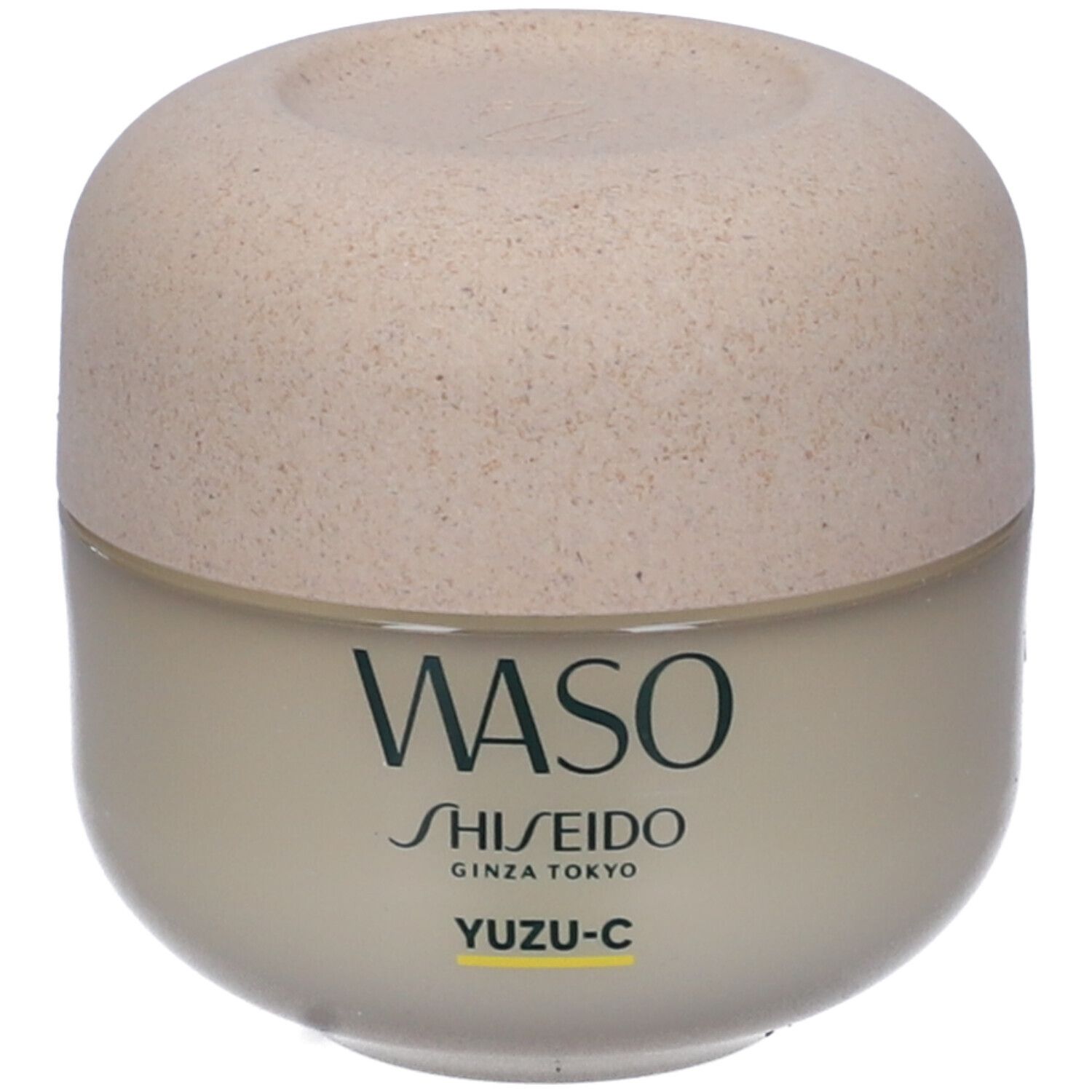 Vaso con coperchio. Scritta WASO, SHISEIDO, YUZU-C. Contenitore color crema, coperchio beige.