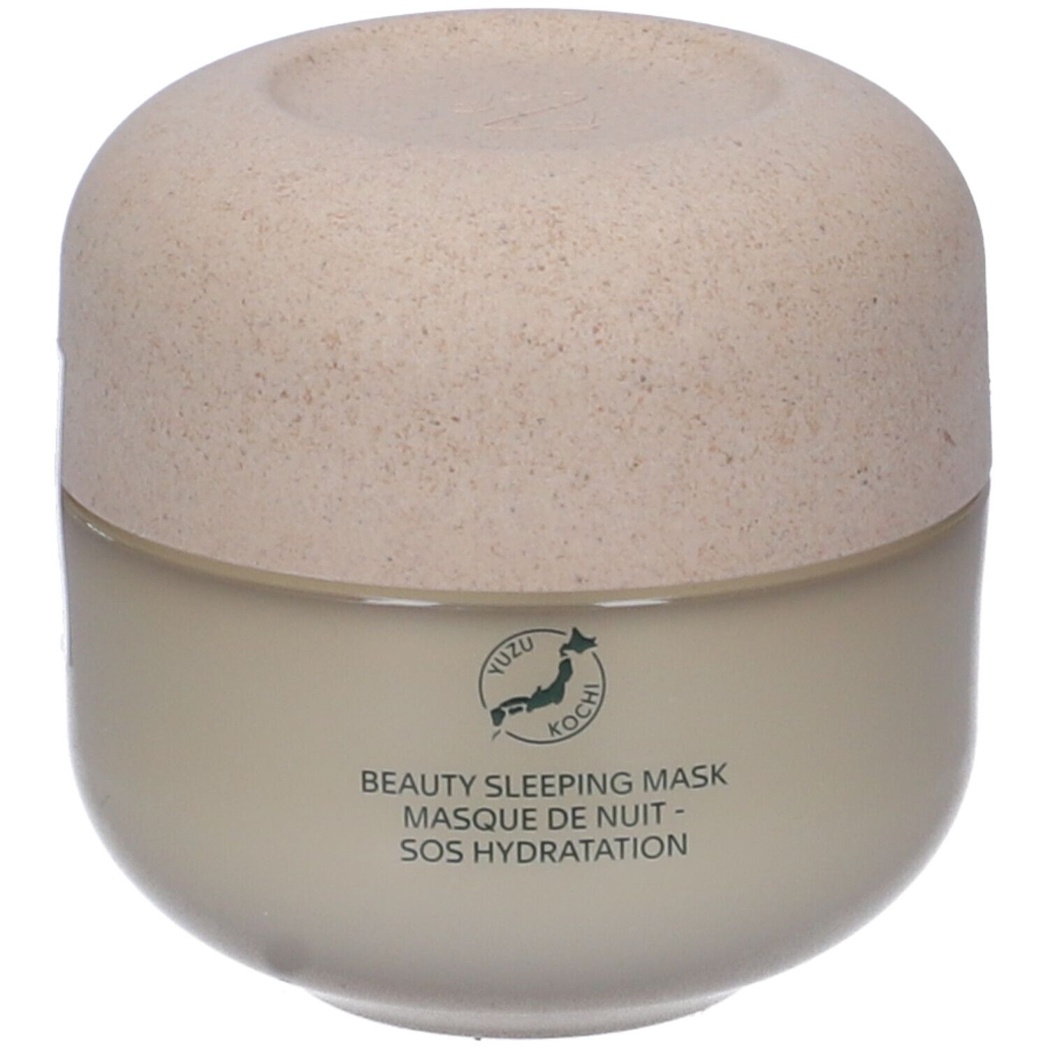 Contenitore color crema, coperchio beige. Scritta: Beauty Sleeping Mask, Masque de Nuit. Logo giapponese.
