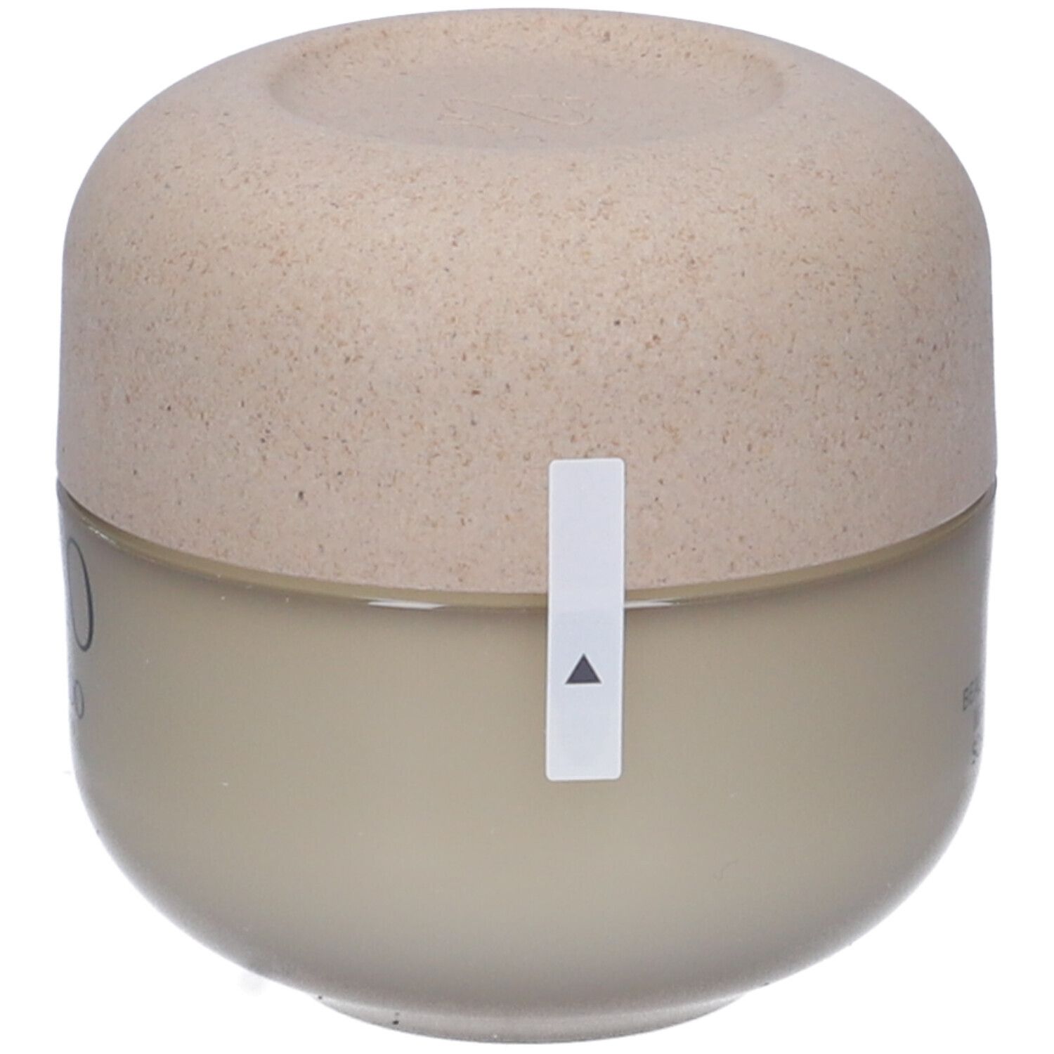 Contenitore color crema, coperchio beige. Adesivo bianco con freccia. Nessun altro dettaglio visibile.