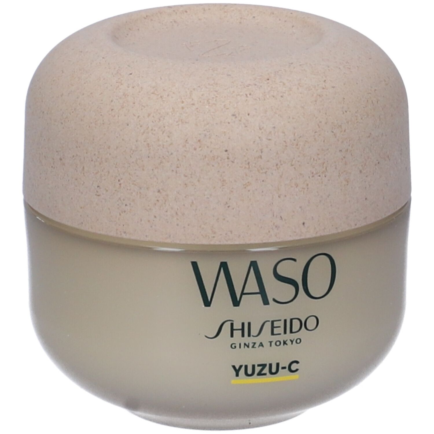Contenitore color crema, coperchio beige. Scritta WASO, SHISEIDO, YUZU-C. Striscia gialla.