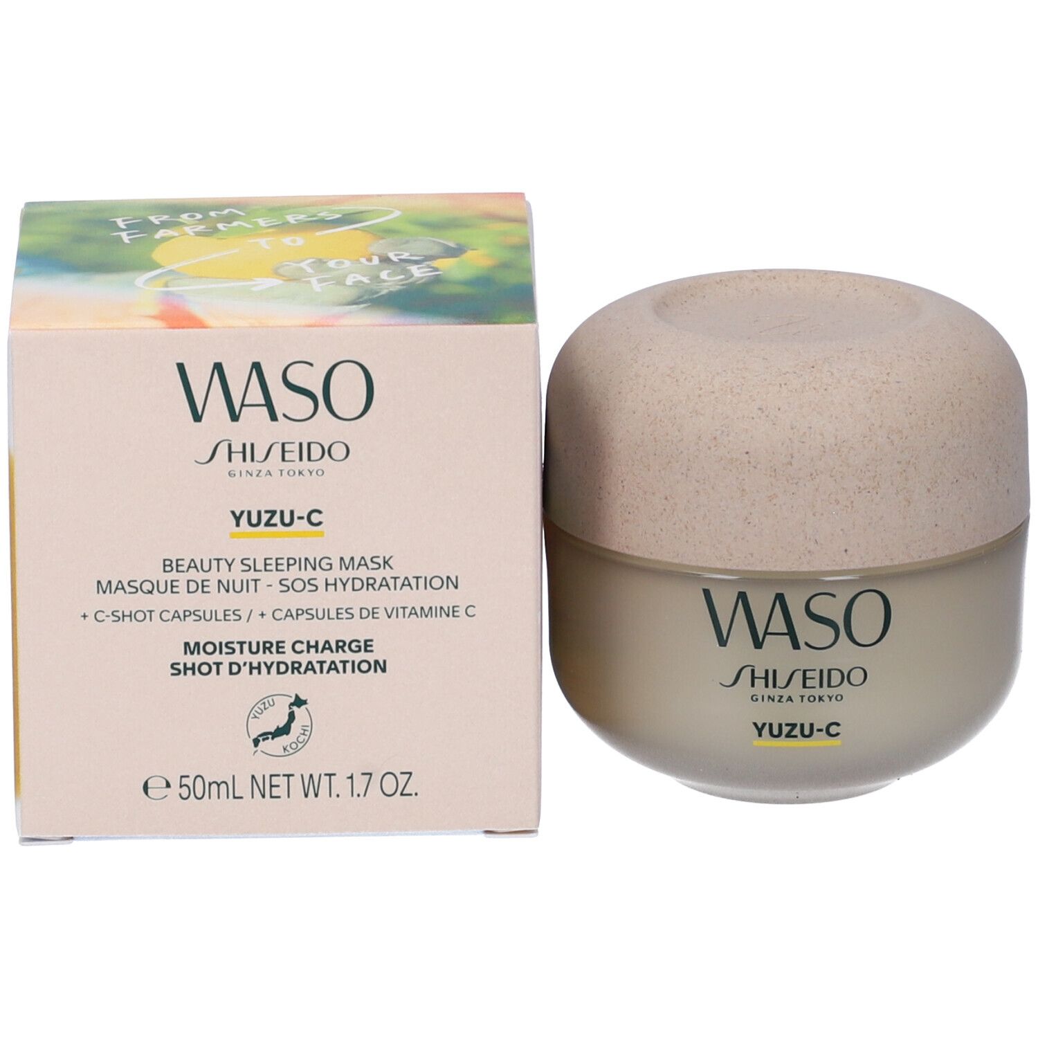 Prodotto e confezione. Contenitore color crema, coperchio beige. Scatola con scritta WASO, YUZU-C, Beauty Sleeping Mask.
