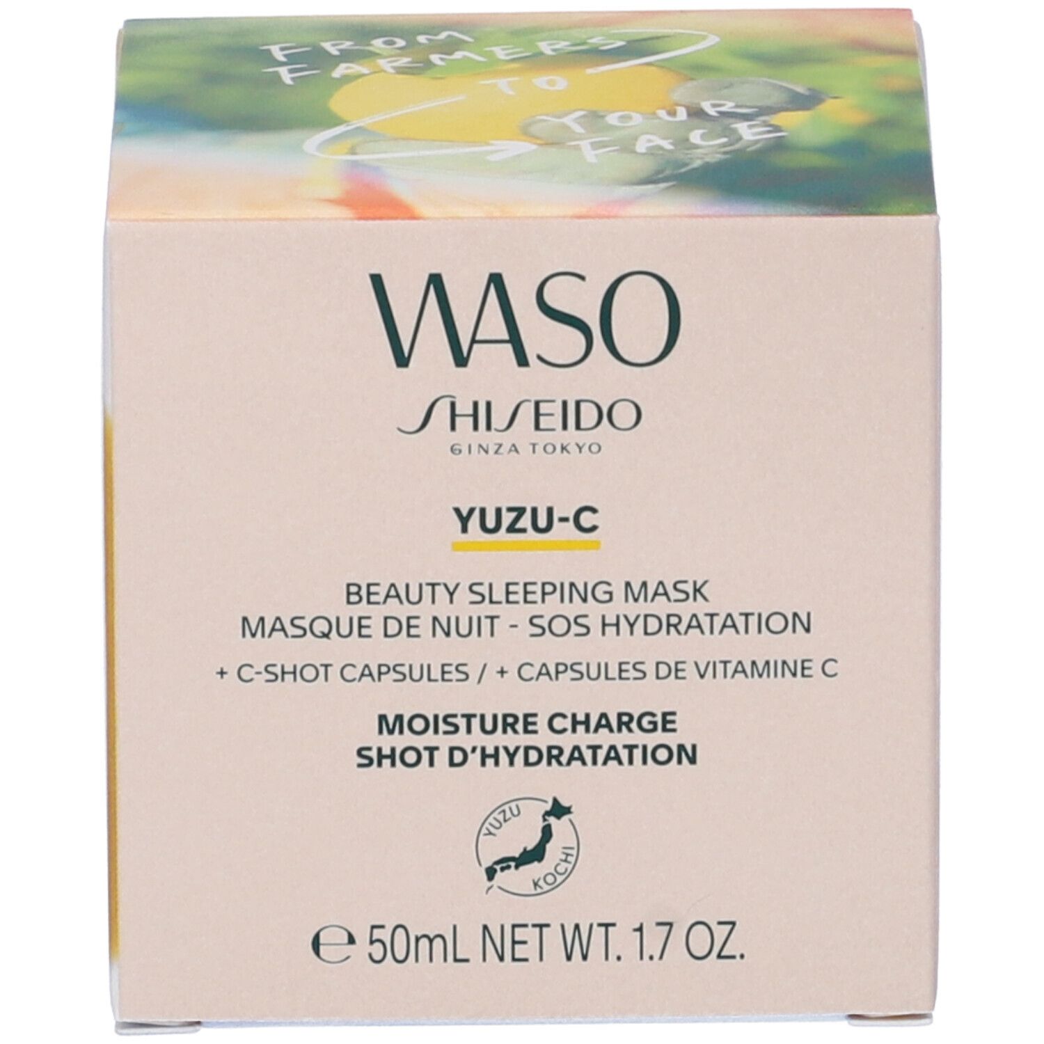 Confezione in cartone. Scritta WASO, SHISEIDO, YUZU-C, Beauty Sleeping Mask. Logo giapponese. 50ml, 1.7 OZ.