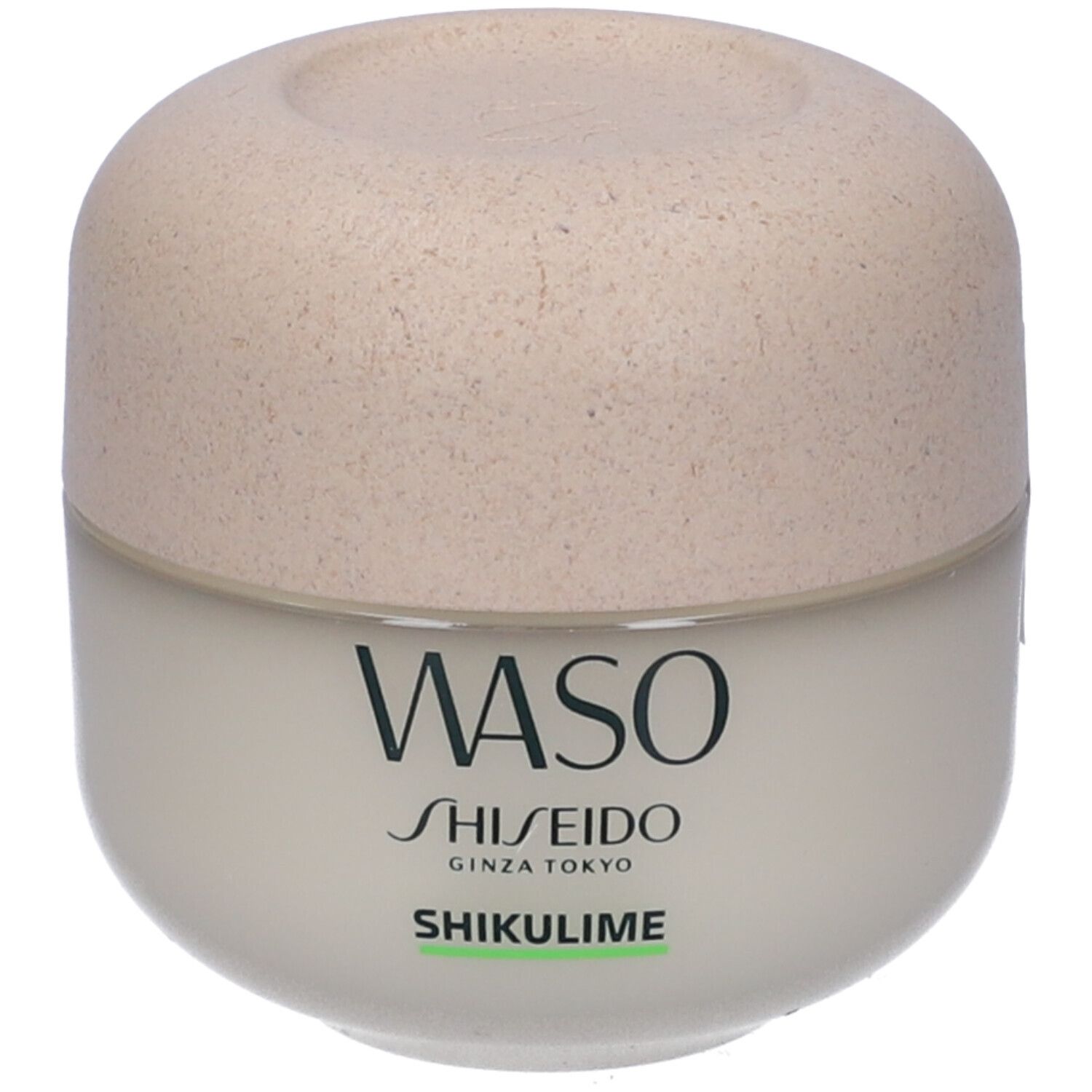 Vaso di crema beige con coperchio. Scritte WASO, SHISEIDO, GINZA TOKYO, SHIKULIME.