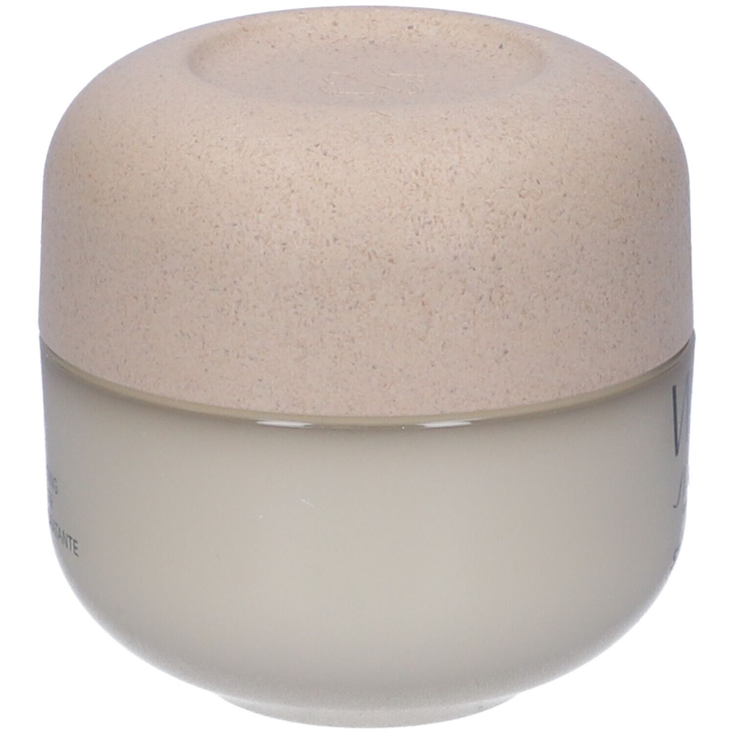 Vaso di crema beige con coperchio. Scritta sul lato.