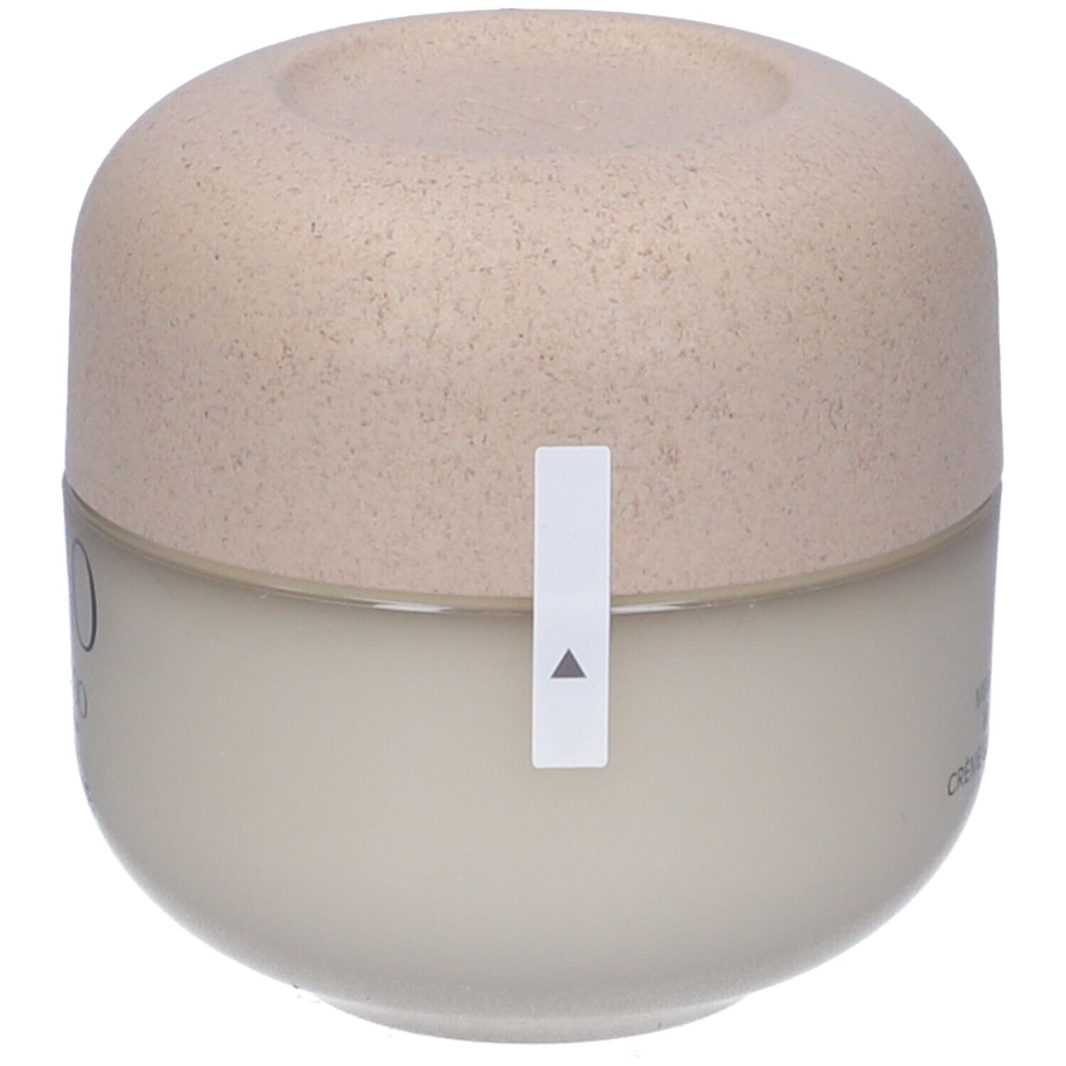 Vaso di crema beige con coperchio. Adesivo con freccia.