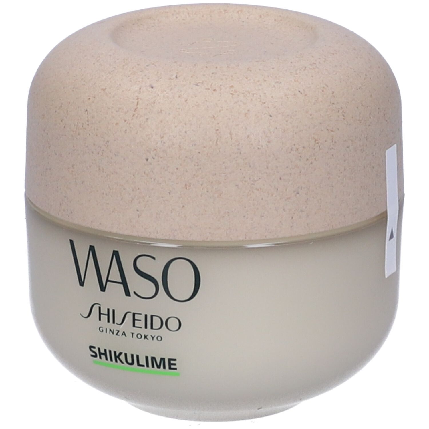 Vaso di crema beige con coperchio. Scritte WASO, SHISEIDO, GINZA TOKYO, SHIKULIME.