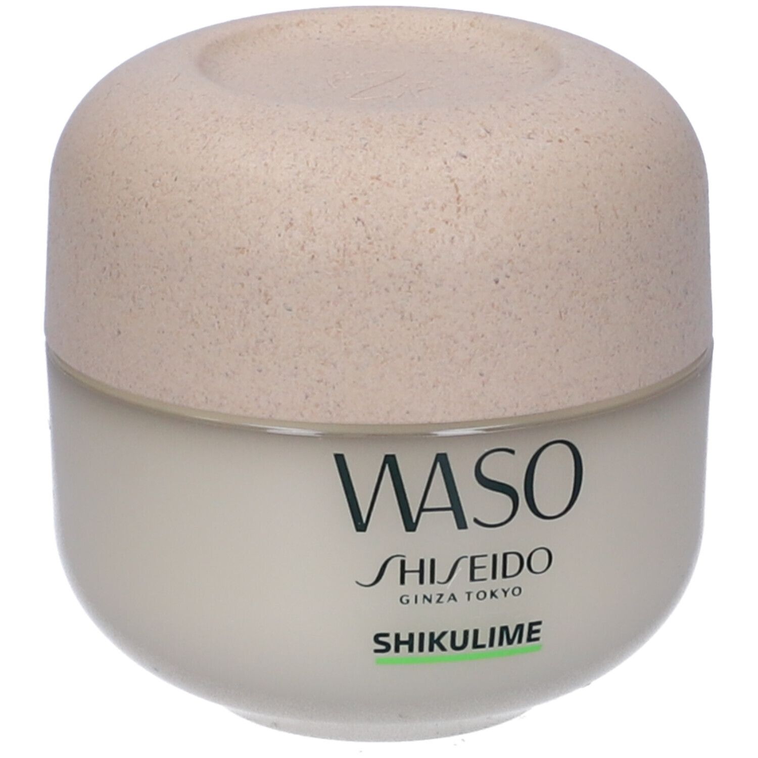 Vaso di crema beige con coperchio. Scritte WASO, SHISEIDO, GINZA TOKYO, SHIKULIME.