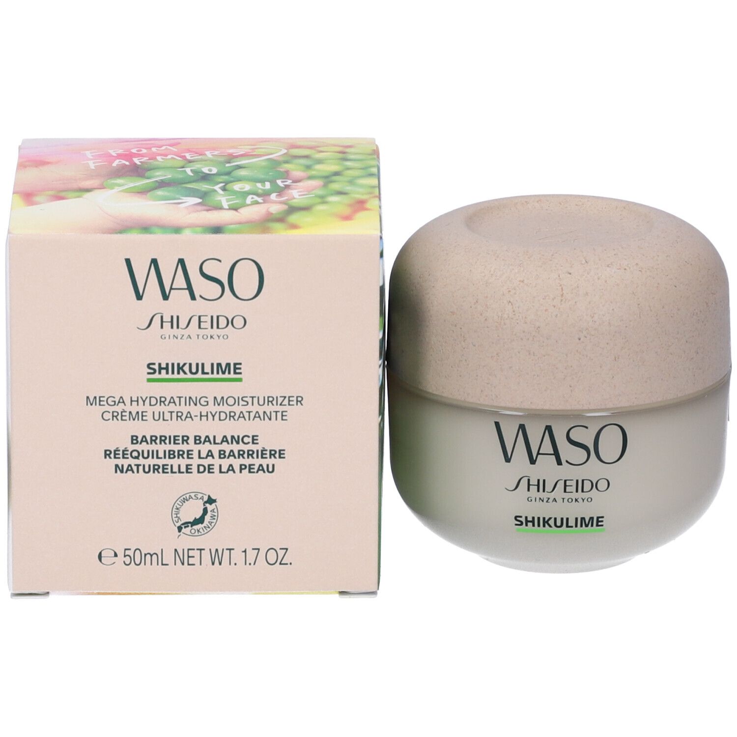 Vaso di crema e confezione. Scritte WASO, SHISEIDO, SHIKULIME, MEGA HYDRATING MOISTURIZER.