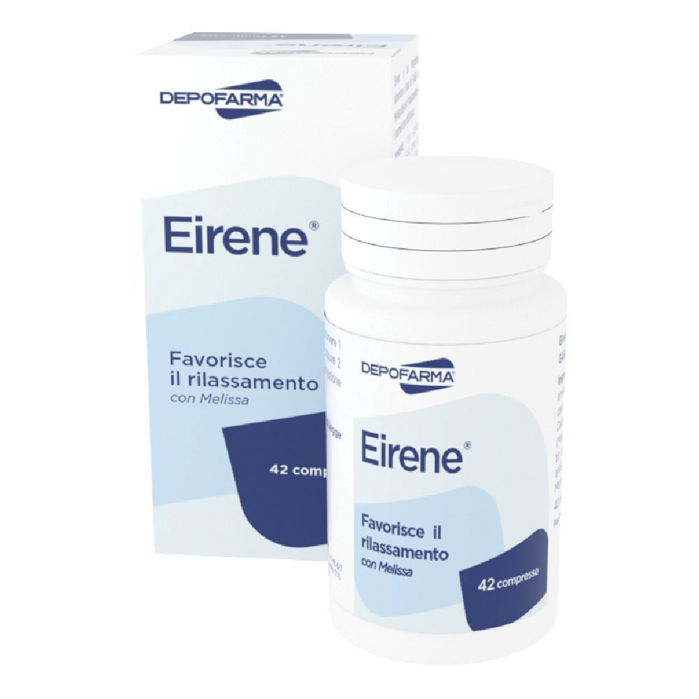 Flacone e scatola bianchi con 'Eirene' e 'Depofarma'. 42 compresse. Favorisce il rilassamento.