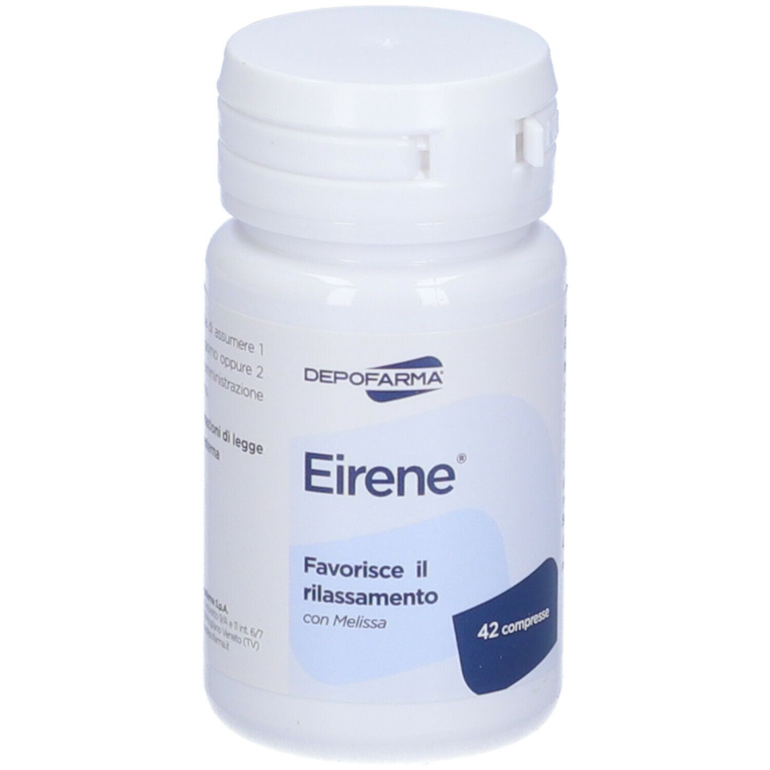 Flacone bianco con 'Eirene' e 'Depofarma'. 42 compresse. Favorisce il rilassamento.