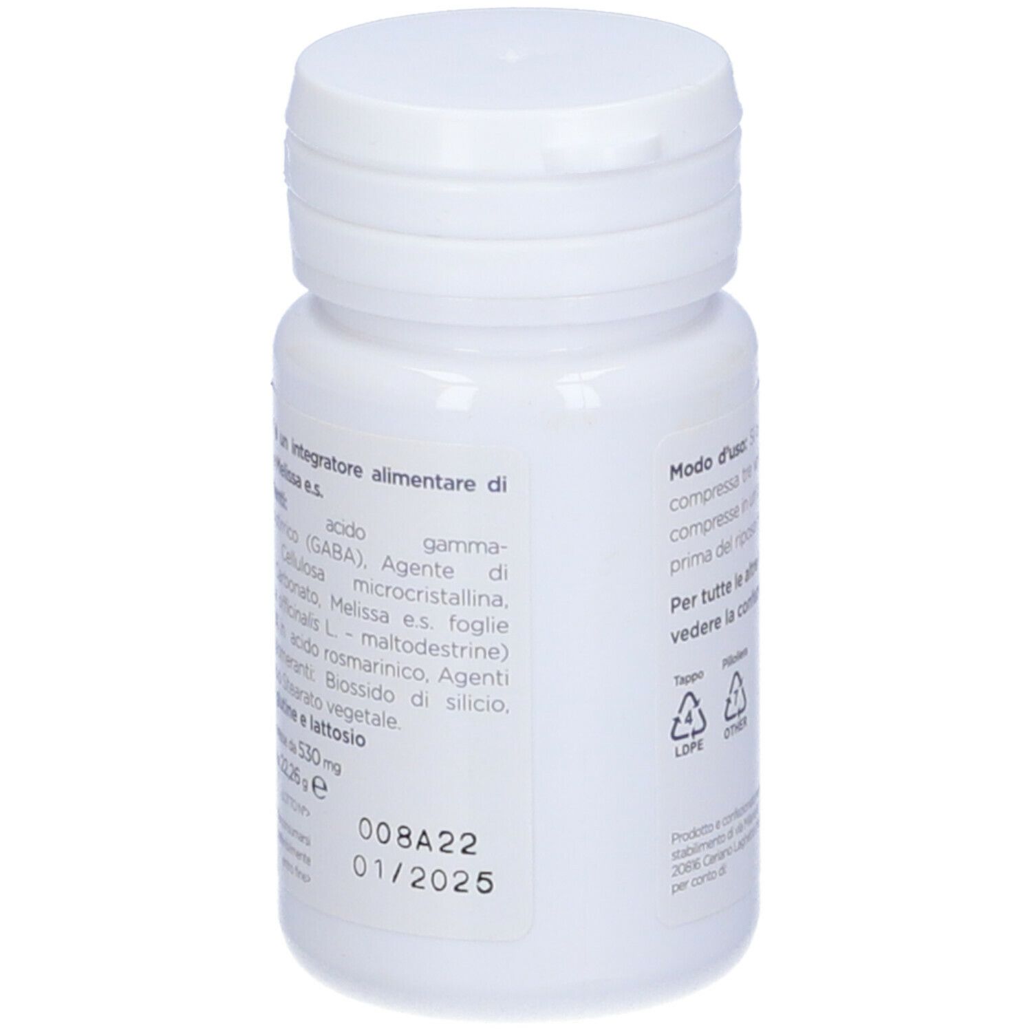 Retro del flacone bianco con testo. 'Eirene' e 'Depofarma'.