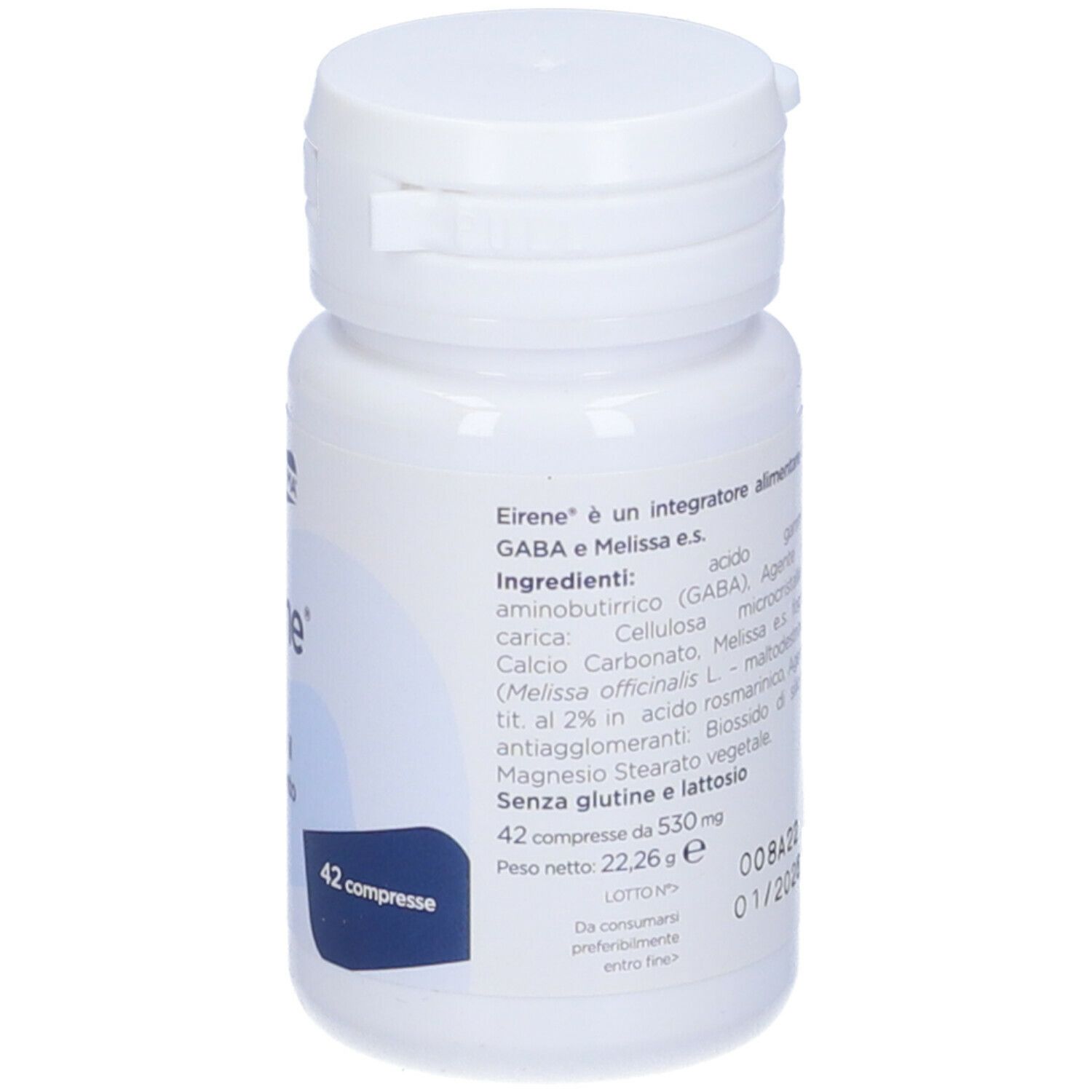 Retro del flacone bianco con testo. 'Eirene' e 'Depofarma'.
