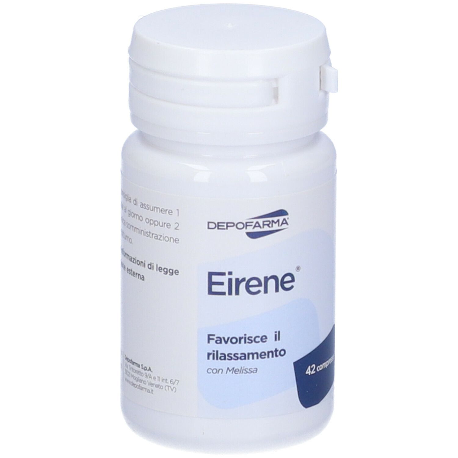 Flacone bianco con 'Eirene' e 'Depofarma'. 42 compresse. Favorisce il rilassamento.