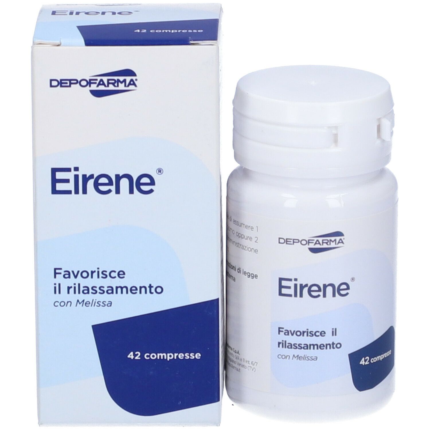 Flacone e scatola bianchi con 'Eirene' e 'Depofarma'. 42 compresse. Favorisce il rilassamento.