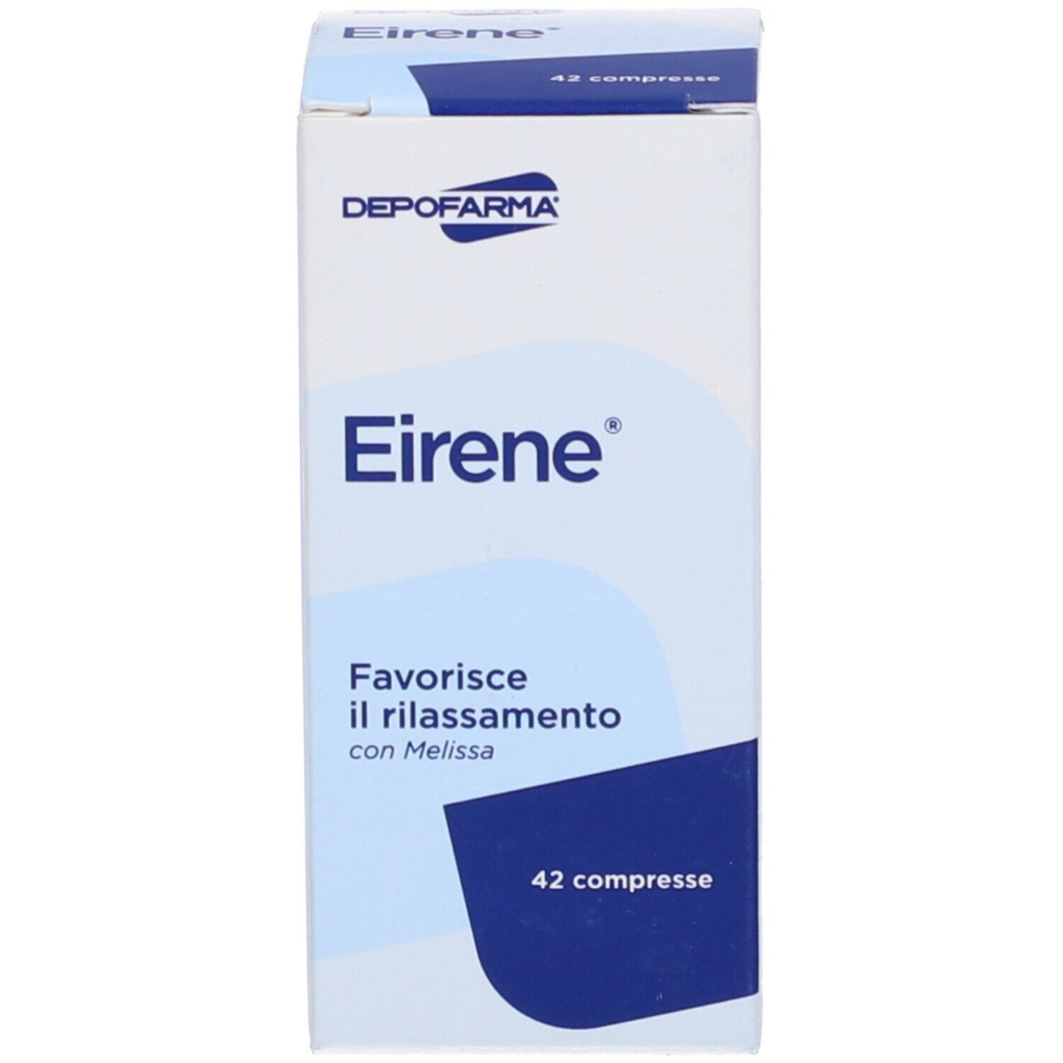 Scatola con 'Eirene' e 'Depofarma'. 42 compresse. Favorisce il rilassamento.