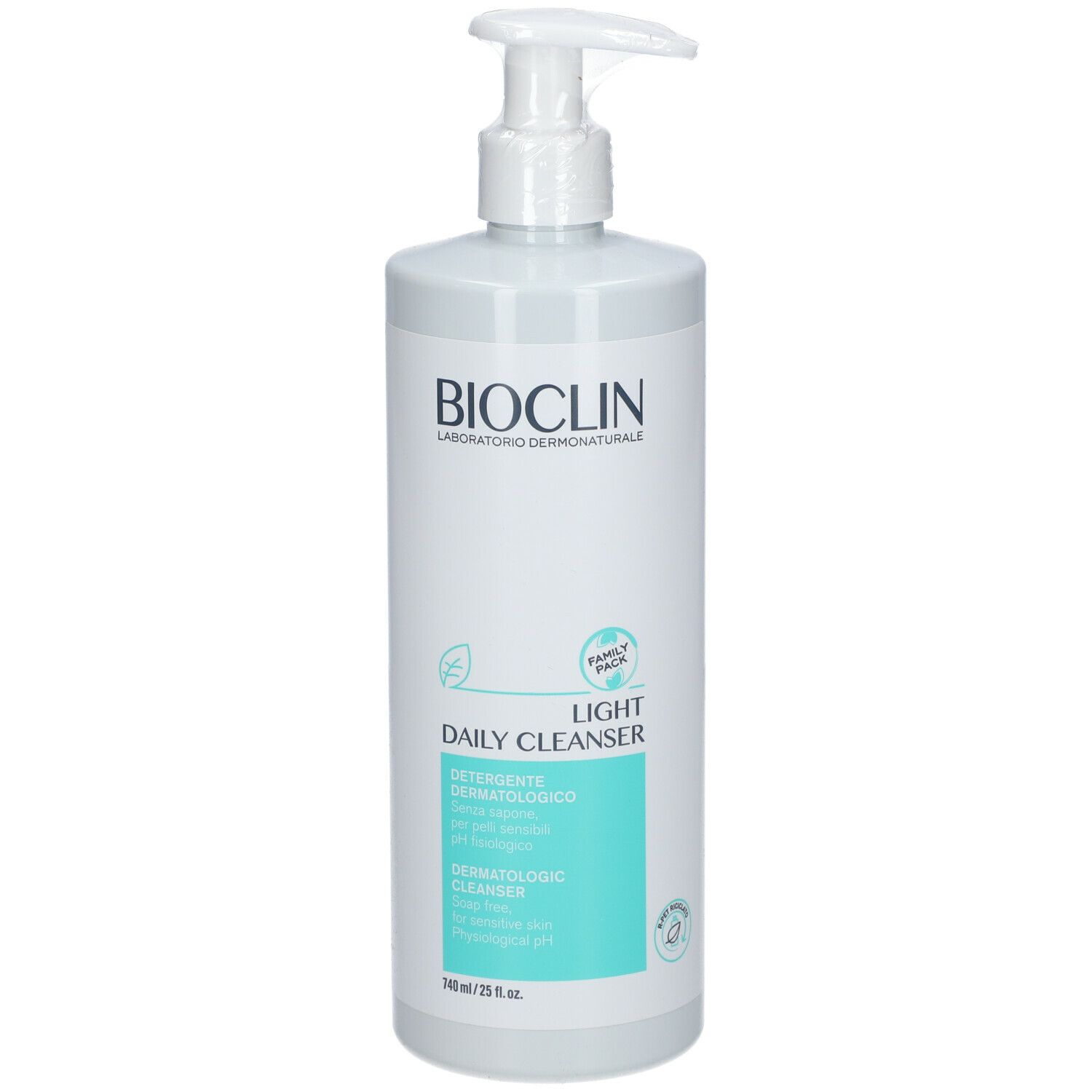 BIOCLIN-Reinigerflasche mit Pumpverschluss. Aufschrift: Daily Cleanser, Dermatologico. Hellgrünes Etikett. Weißes Flaschendesign.