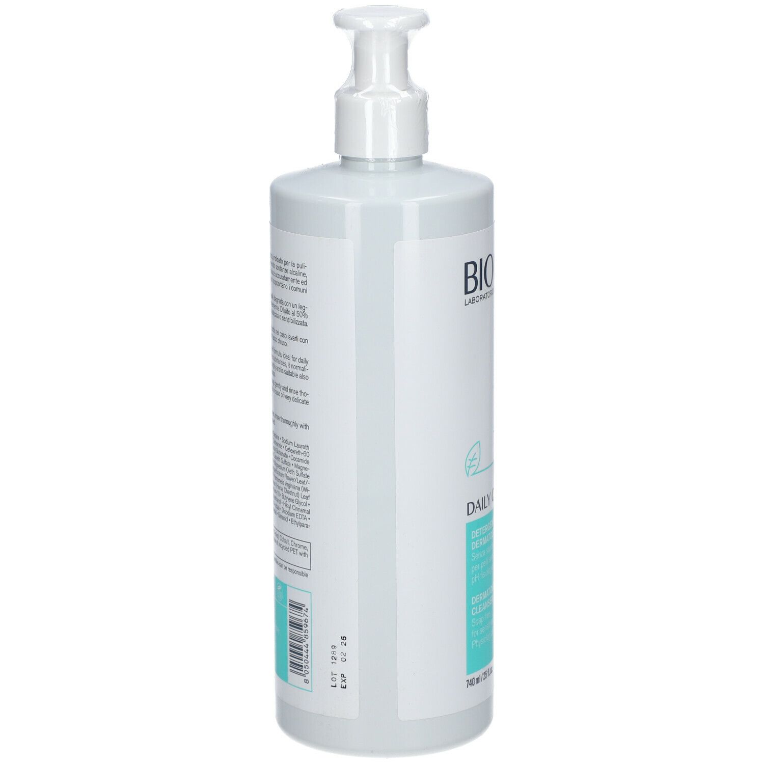 Rückseite der BIOCLIN-Reinigerflasche. Text in mehreren Sprachen. Hellgrünes Etikett. Weißes Flaschendesign. Pumpverschluss.