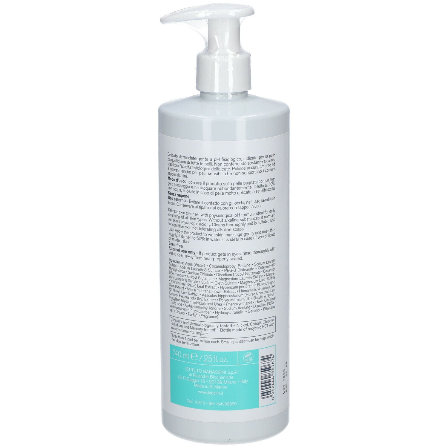 Rückseite der BIOCLIN-Reinigerflasche. Text in mehreren Sprachen. Hellgrünes Etikett. Weißes Flaschendesign. Pumpverschluss.