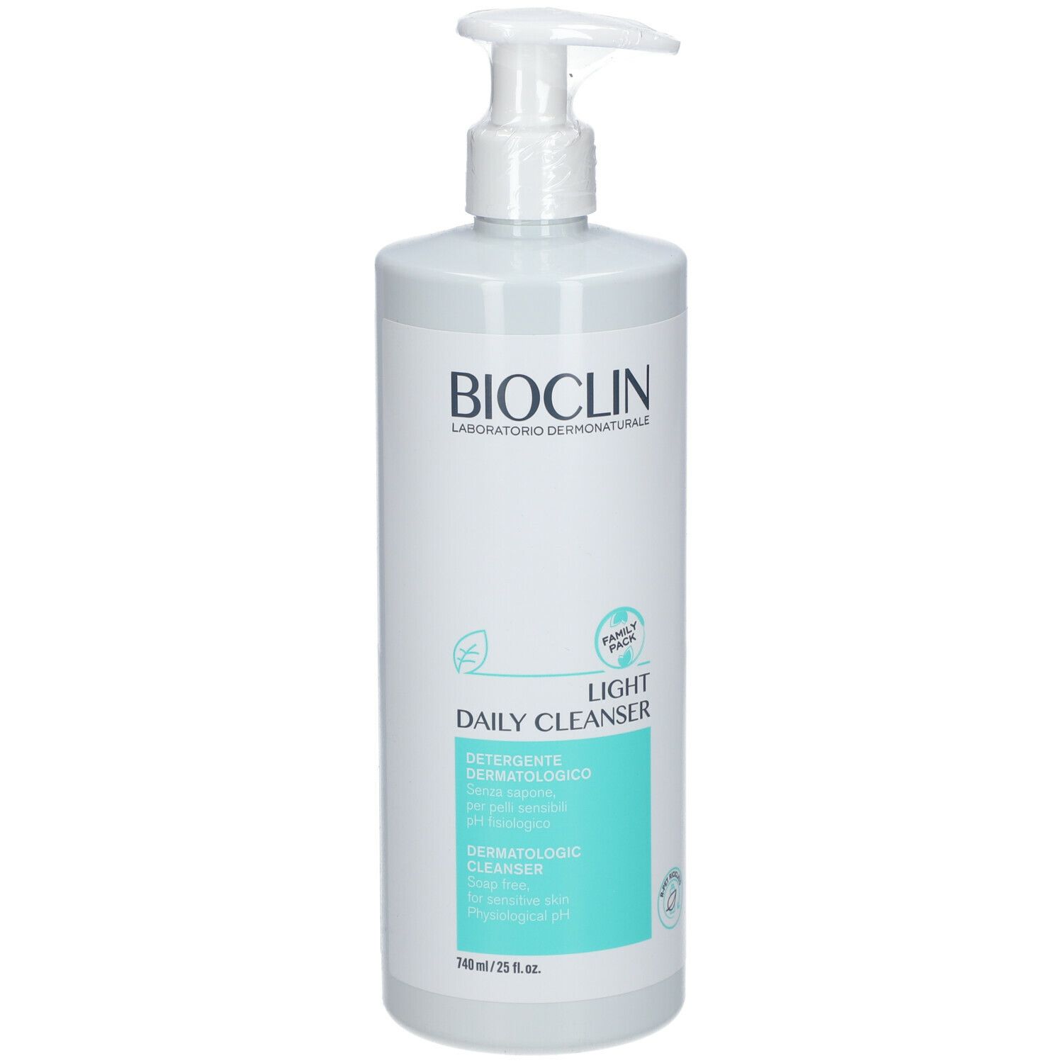 BIOCLIN-Reinigerflasche mit Pumpverschluss. Aufschrift: Daily Cleanser, Dermatologico. Hellgrünes Etikett. Weißes Flaschendesign.