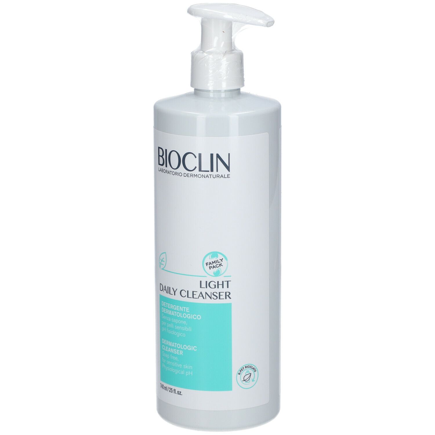 BIOCLIN-Reinigerflasche mit Pumpverschluss. Aufschrift: Daily Cleanser, Dermatologico. Hellgrünes Etikett. Weißes Flaschendesign.