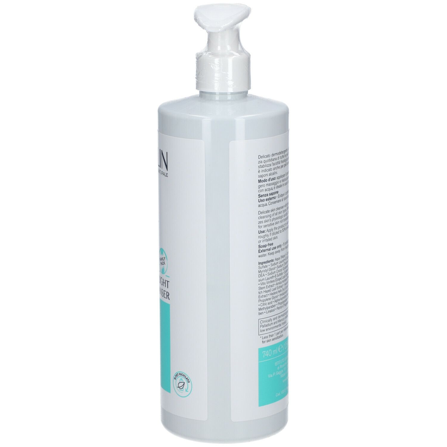 Rückseite der BIOCLIN-Reinigerflasche. Text in mehreren Sprachen. Hellgrünes Etikett. Weißes Flaschendesign. Pumpverschluss.
