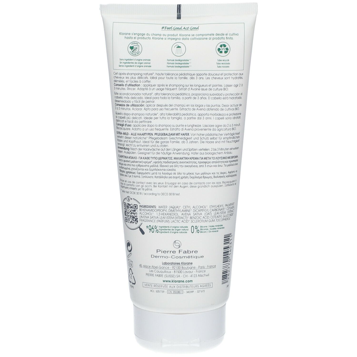 Retro di un tubo bianco. Testo: Klorane, ingredienti, riciclabile, biodegradabile. Codice QR.
