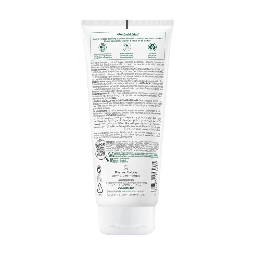 Retro di un tubo bianco. Testo: Klorane, ingredienti, riciclabile, biodegradabile. Codice QR.
