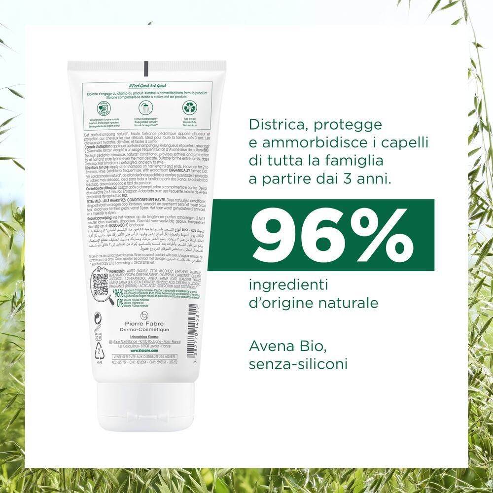 Retro di un tubo. Testo: Klorane, 96% ingredienti naturali, Avena Bio, senza siliconi.