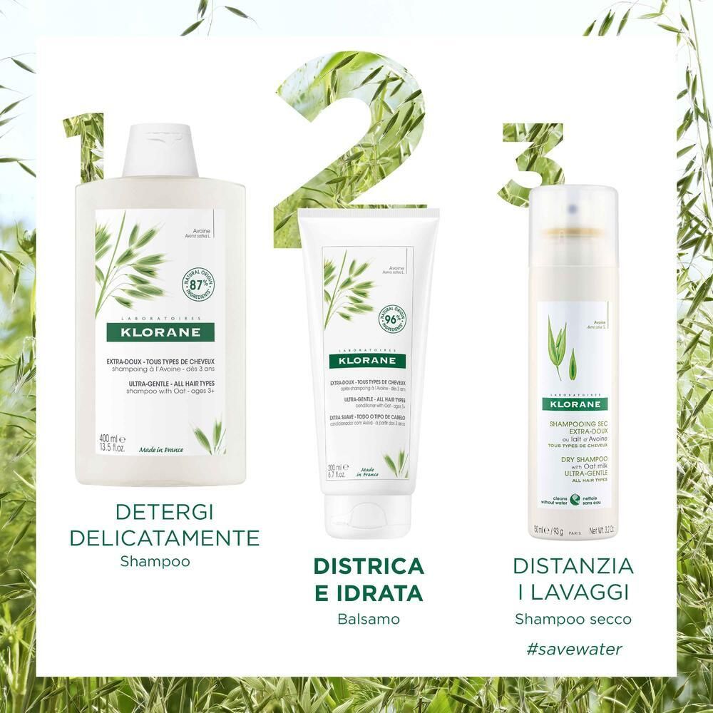 Tre prodotti Klorane: Shampoo, Balsamo, Shampoo secco. Testo: Deterge, districa e idrata, distanzia i lavaggi.