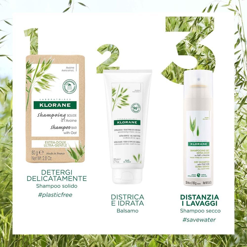 Tre prodotti Klorane: Shampoo solido, Balsamo, Shampoo secco. Testo: Deterge, districa e idrata, distanzia i lavaggi.