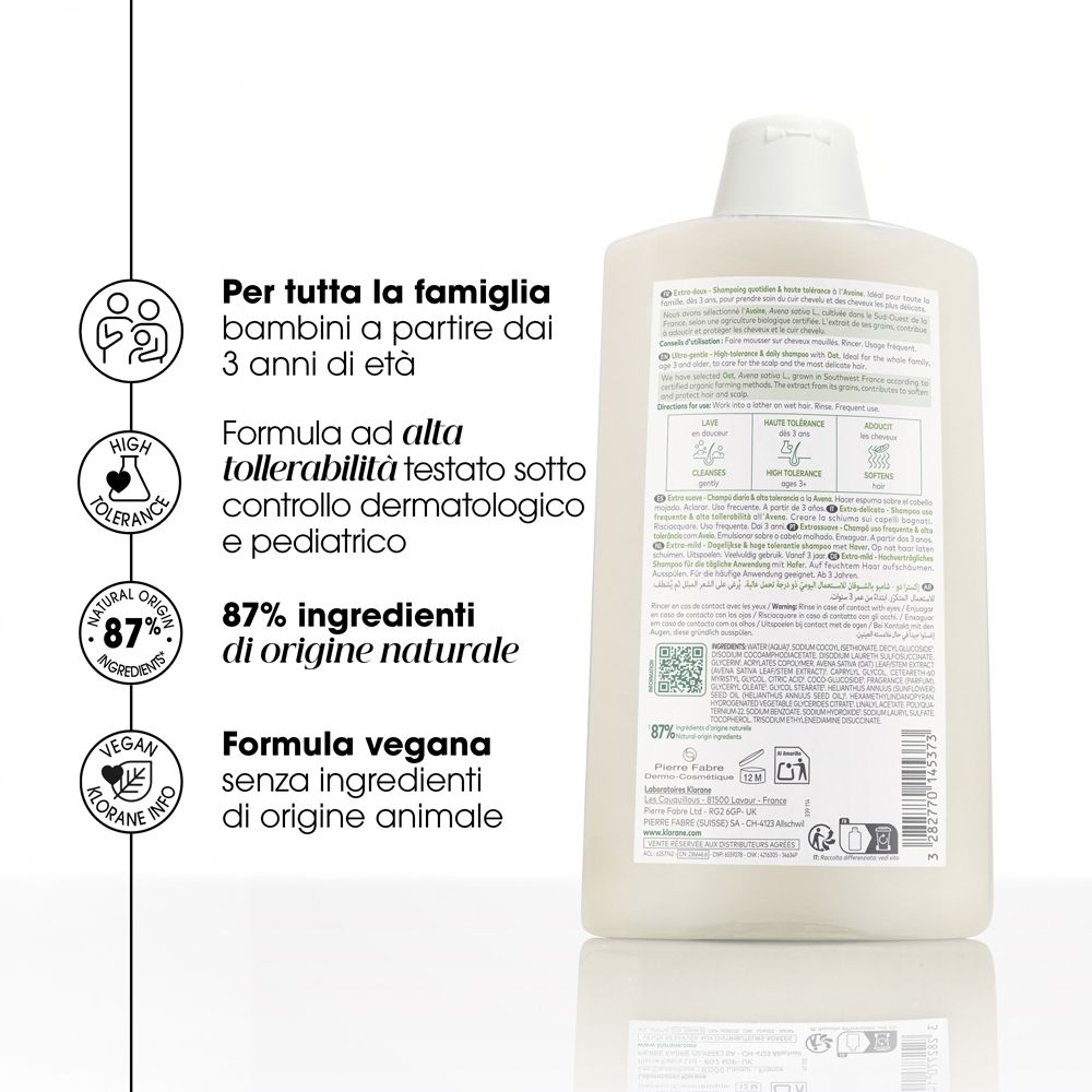 Retro del flacone di shampoo. Testo: Per tutta la famiglia, dai 3 anni. 87% ingredienti naturali. Formula vegana.