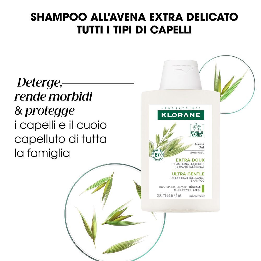 Flacone di shampoo con testo: Extra-Doux, tutti i tipi di capelli. Testo: Klorane, 87% ingredienti naturali. Spighe d'avena.
