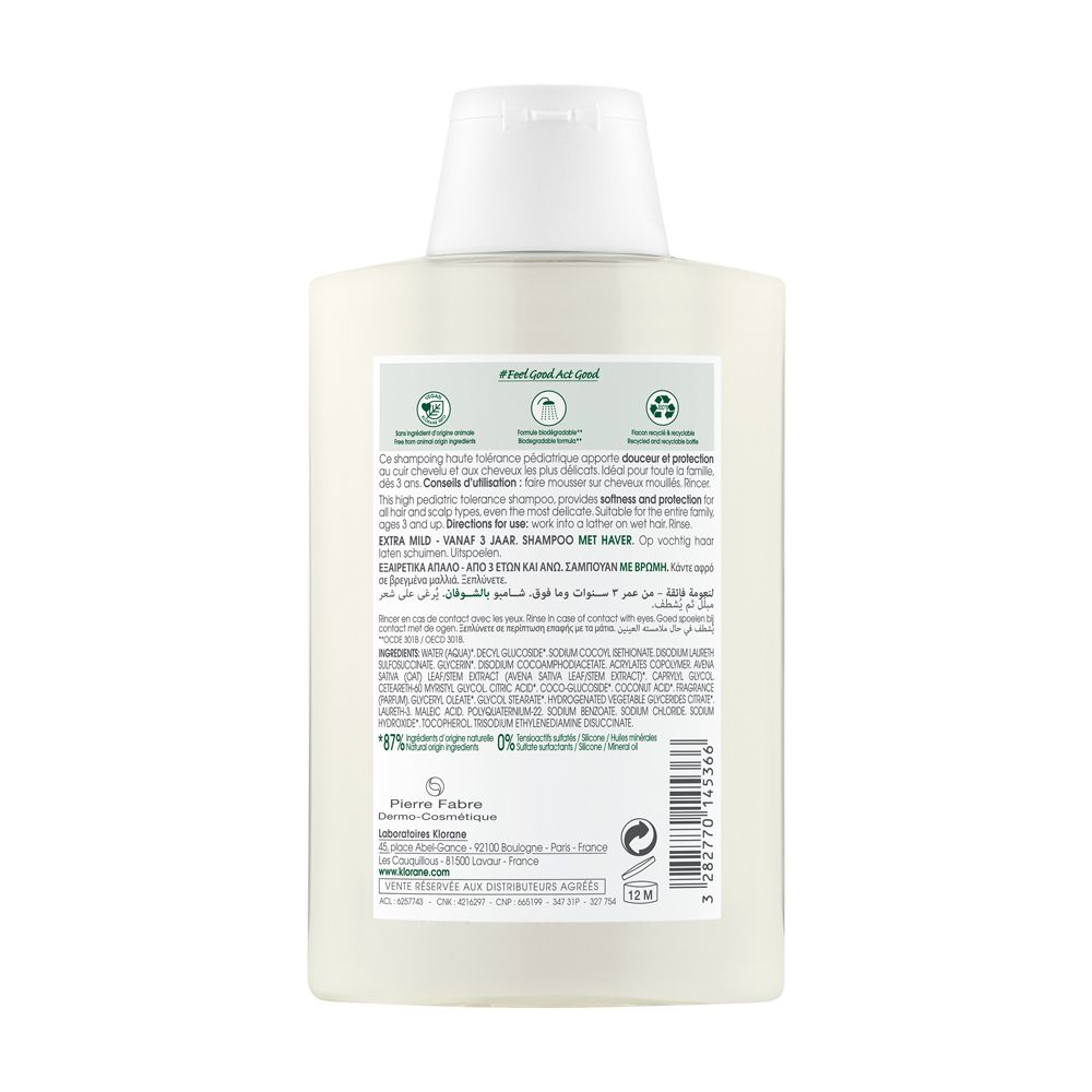 Retro del flacone di shampoo. Testo in più lingue. Informazioni sull'uso e gli ingredienti.