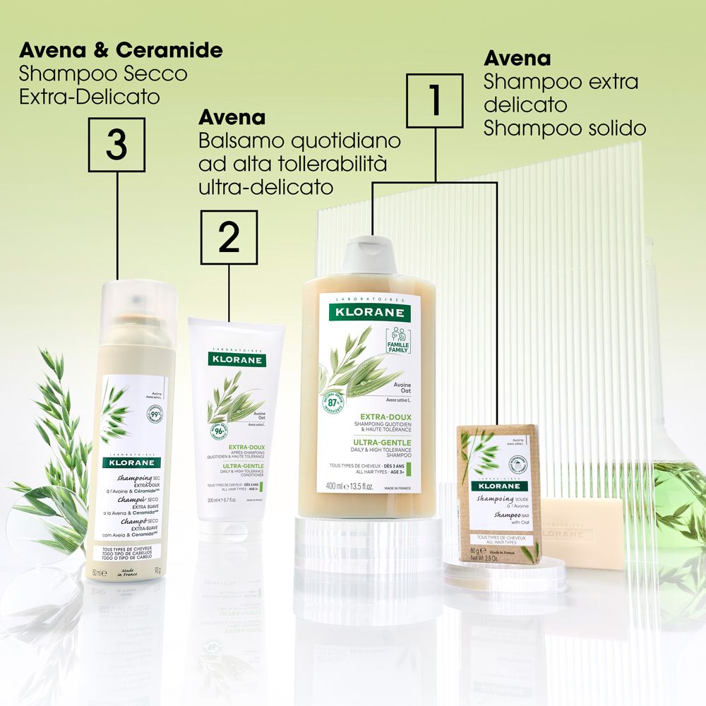 Vari prodotti per capelli Klorane. Shampoo, balsamo, shampoo secco e shampoo solido.
