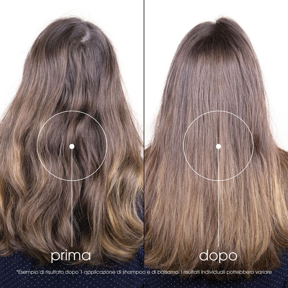 Immagine prima e dopo dei capelli. I capelli appaiono più lisci dopo l'uso.